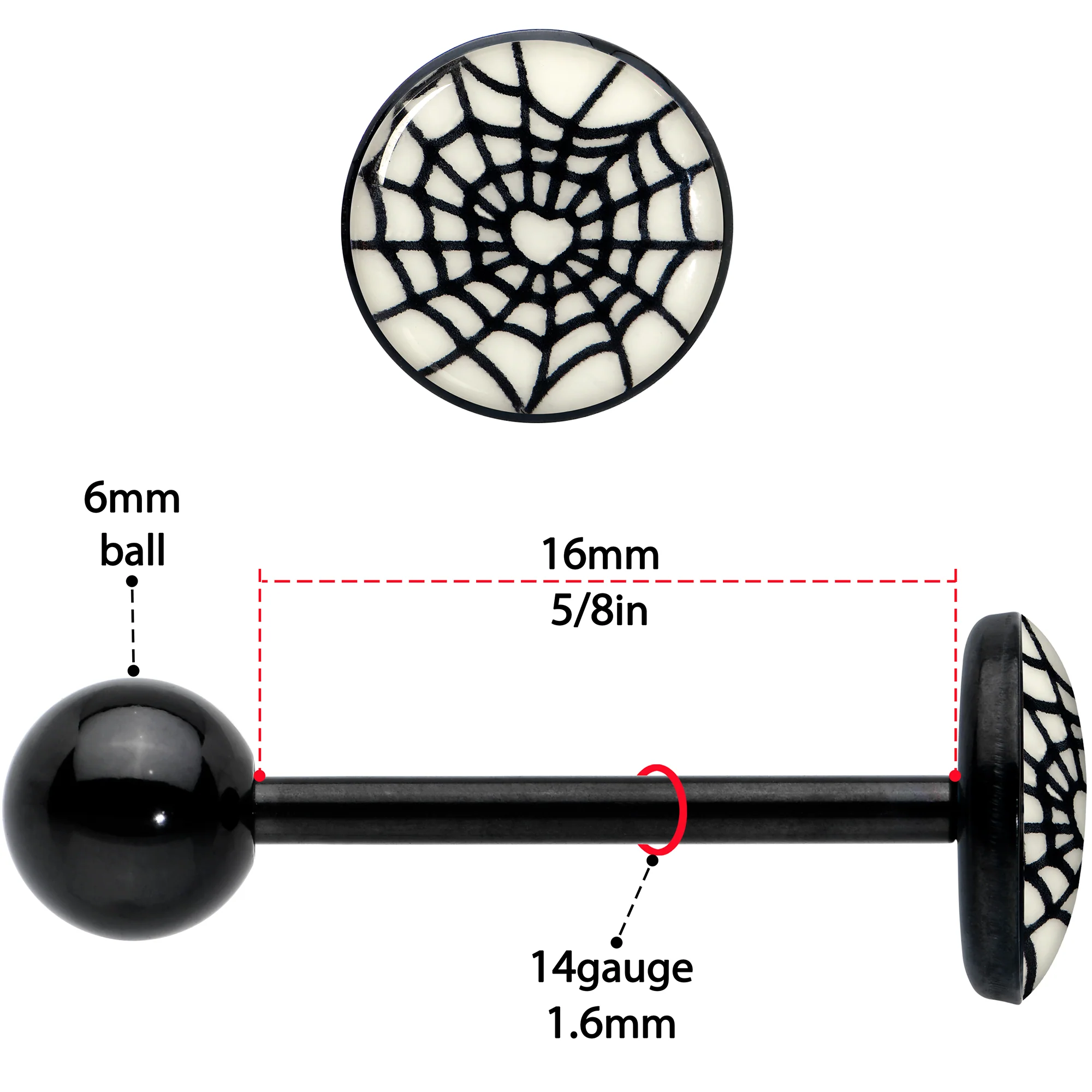 Black Glow in the Dark Heart Spider Web Barbell Tongue Ring by Onyx O - Image 4