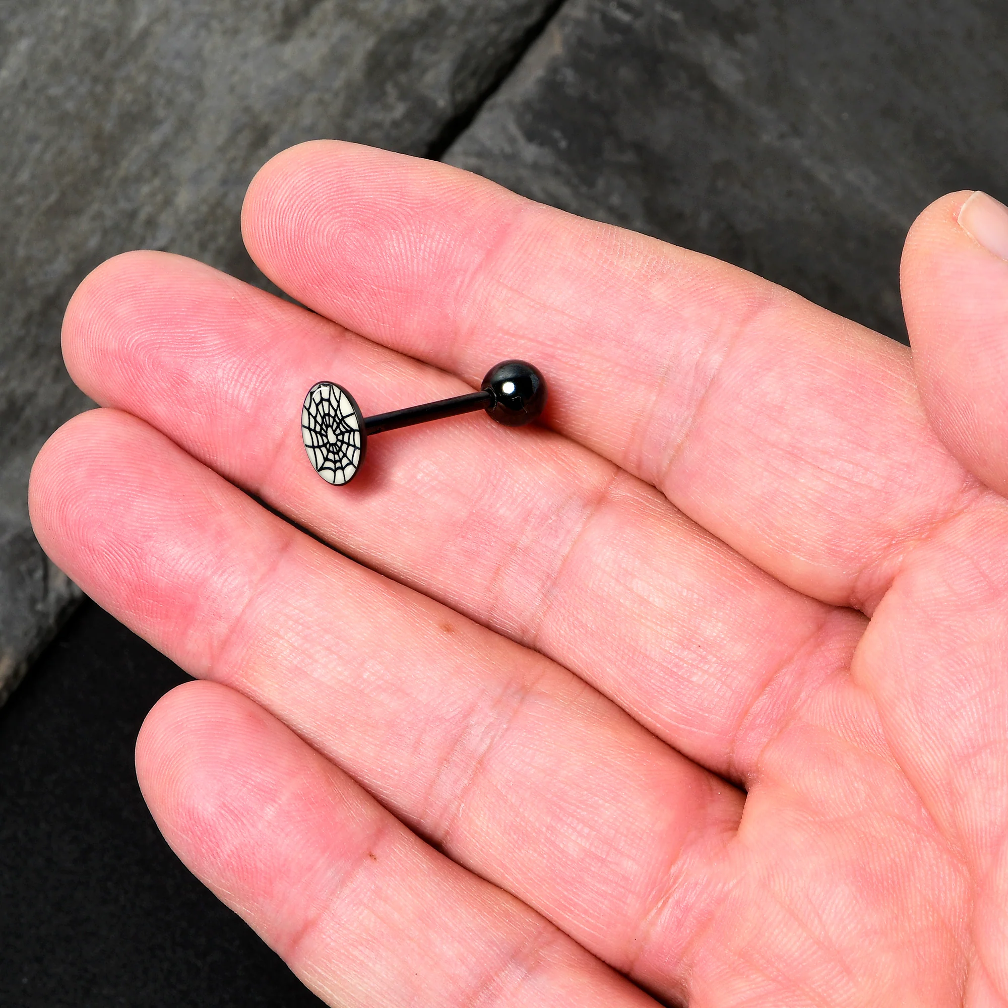 Black Glow in the Dark Heart Spider Web Barbell Tongue Ring by Onyx O - Image 5