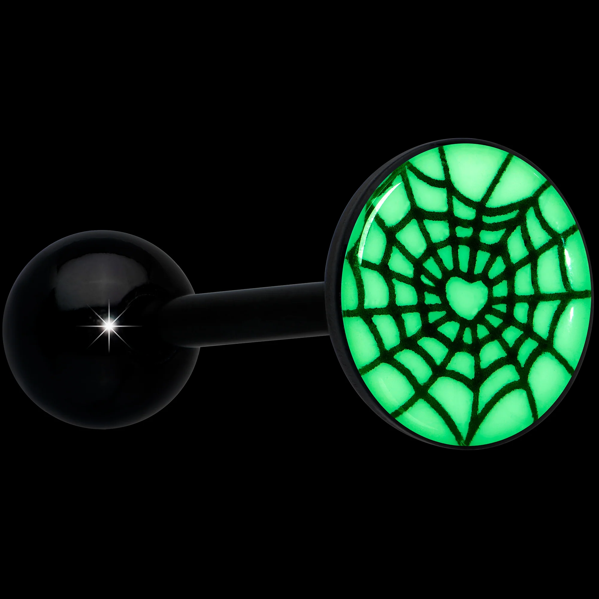 Black Glow in the Dark Heart Spider Web Barbell Tongue Ring by Onyx O - Image 6
