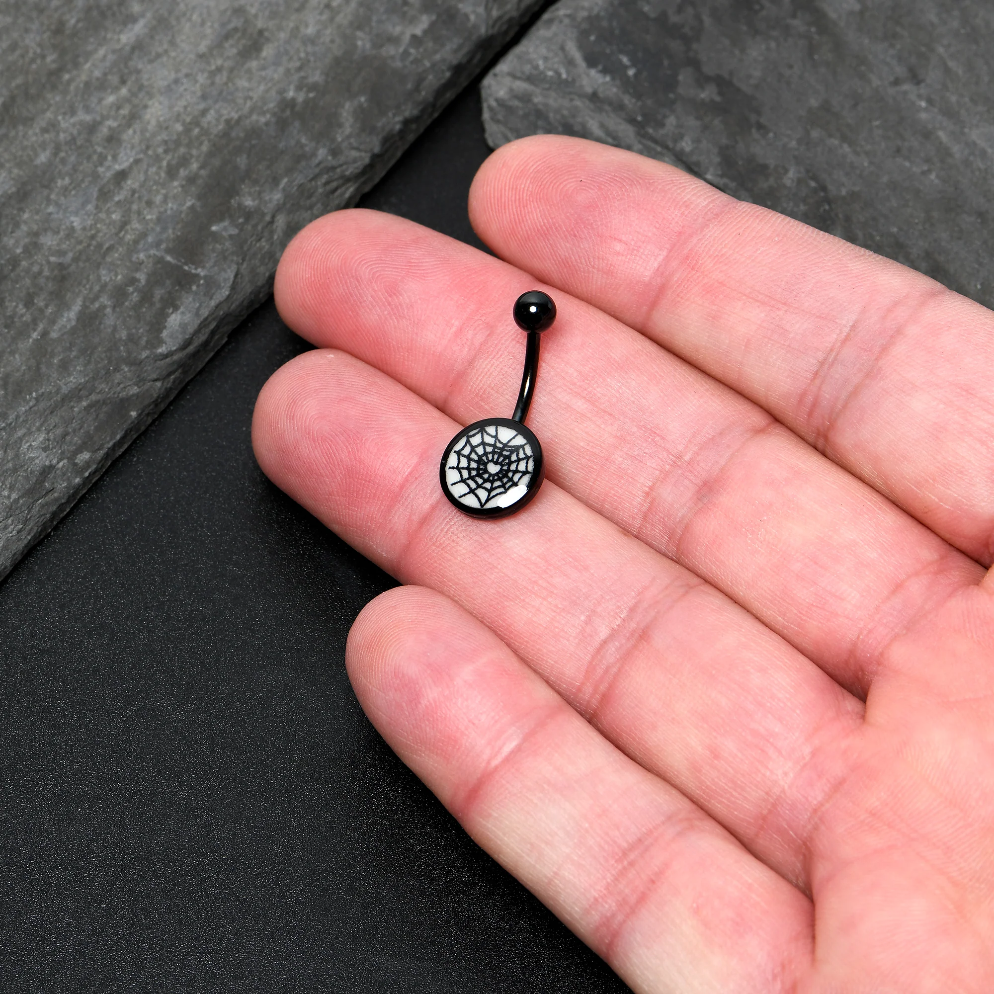 Black Glow in the Dark Heart Spider Web Belly Ring by Onyx O - Image 3