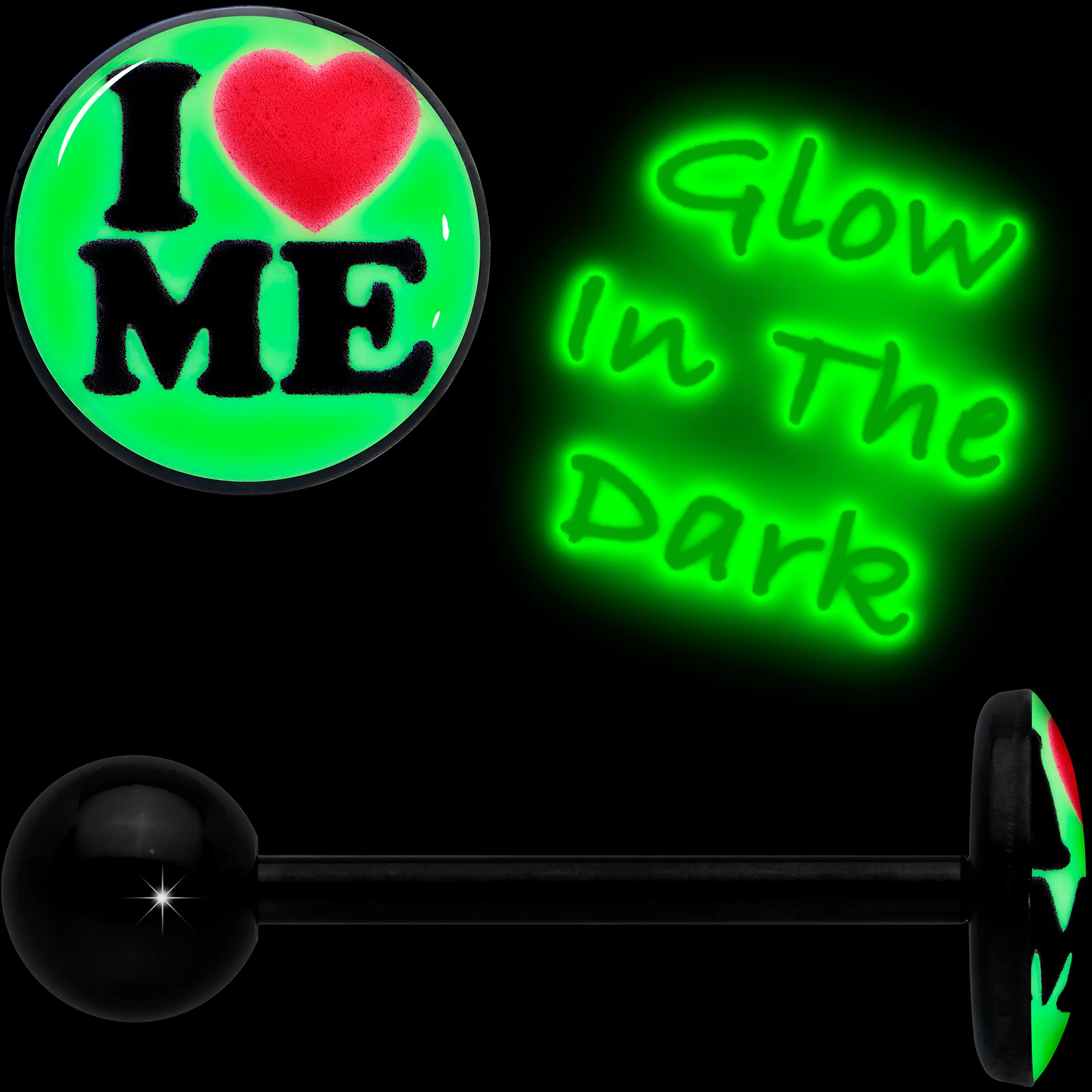 Black Glow in the Dark I Love Me Barbell Tongue Ring by Onyx O - Image 2