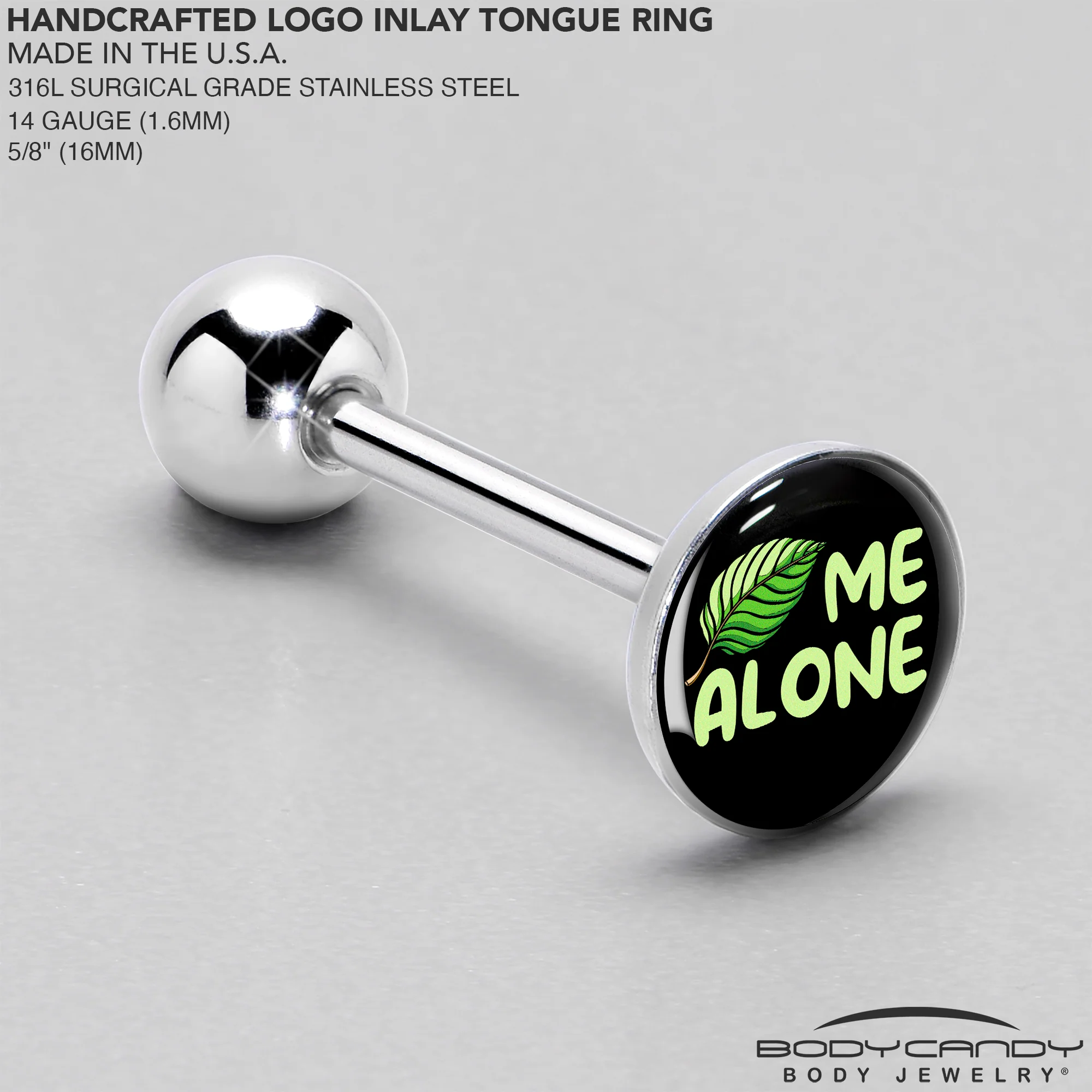 Black Green Leaf Me Alone Barbell Tongue Ring by Onyx O - Image 4