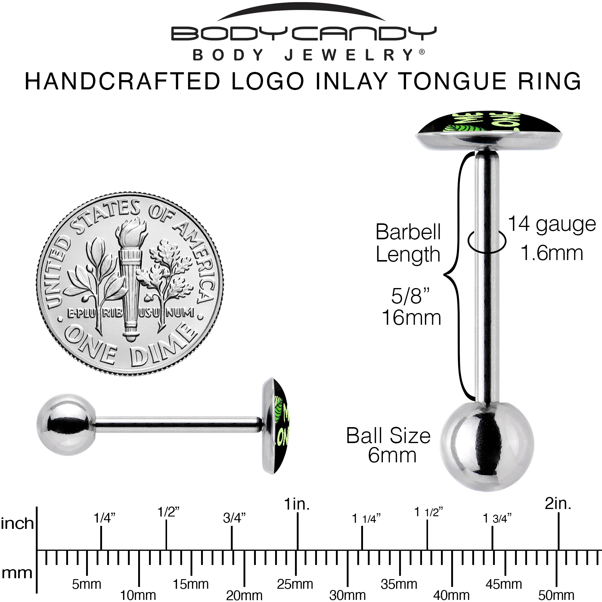 Black Green Leaf Me Alone Barbell Tongue Ring by Onyx O - Image 5