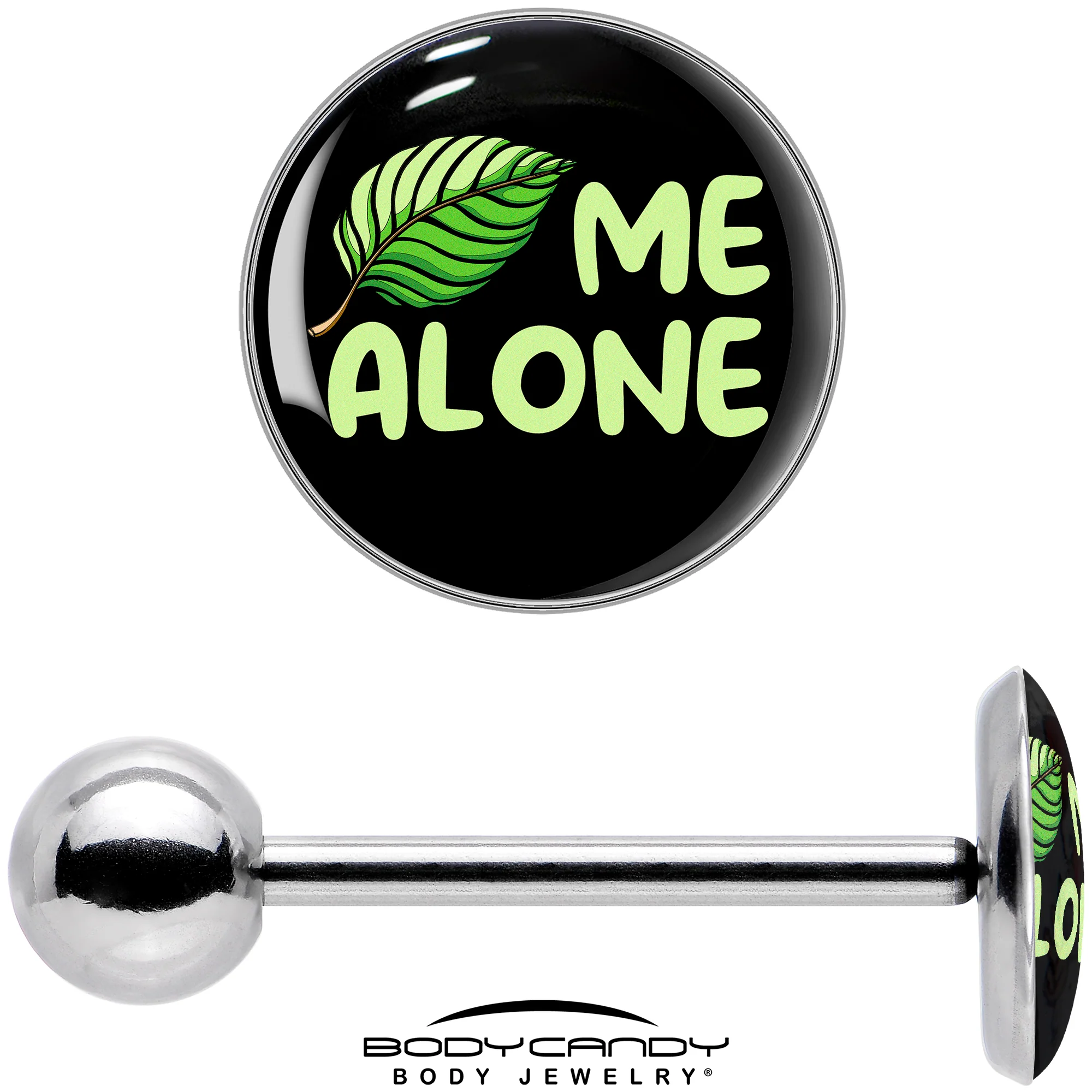 Black Green Leaf Me Alone Barbell Tongue Ring by Onyx O - Image 7