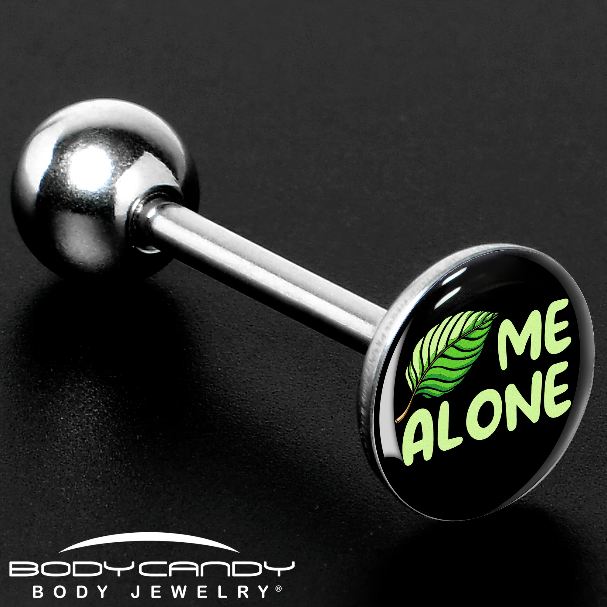 Black Green Leaf Me Alone Barbell Tongue Ring by Onyx O - Image 8
