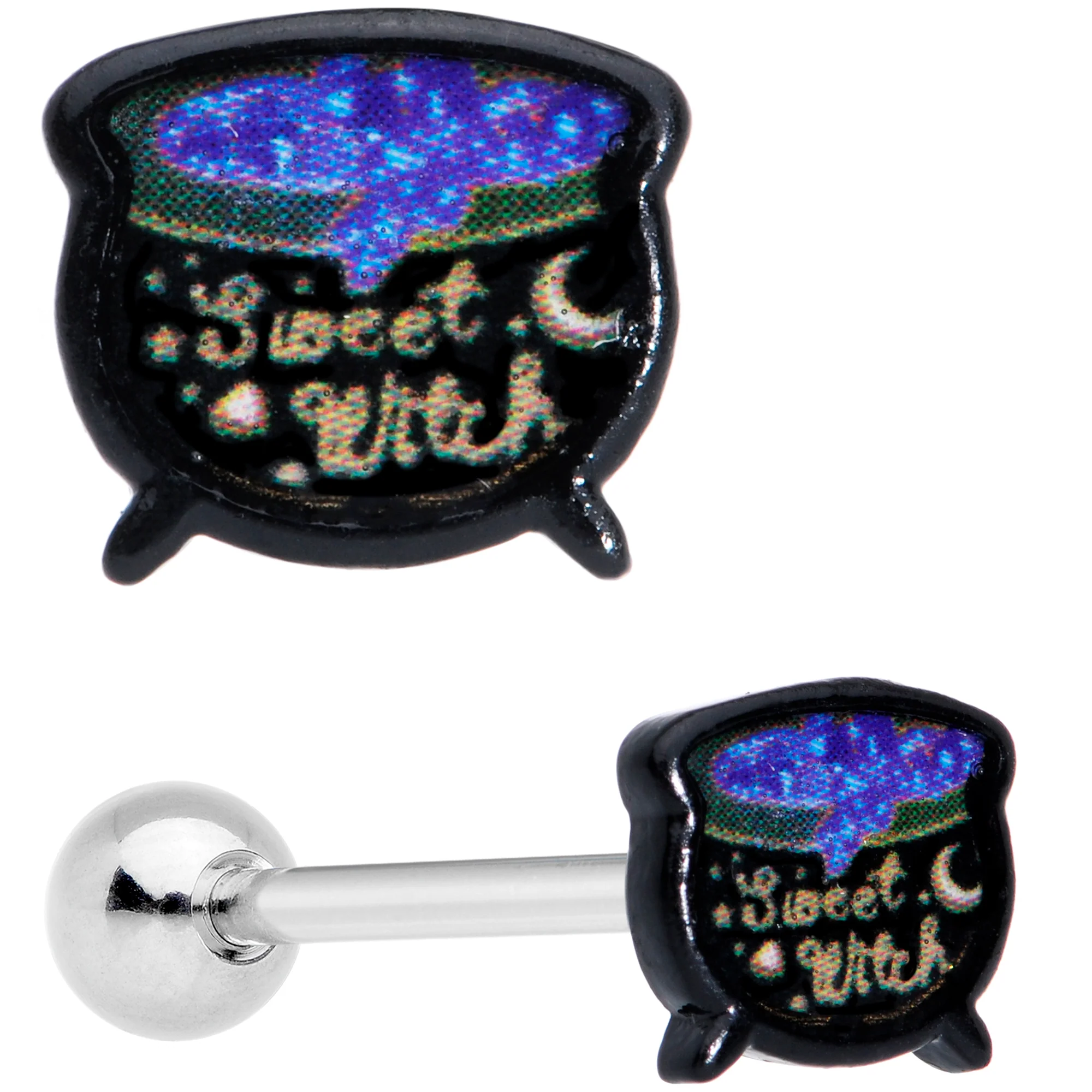 Black Purple Sweet Witch Cauldron Halloween Barbell Tongue Ring - Image 5