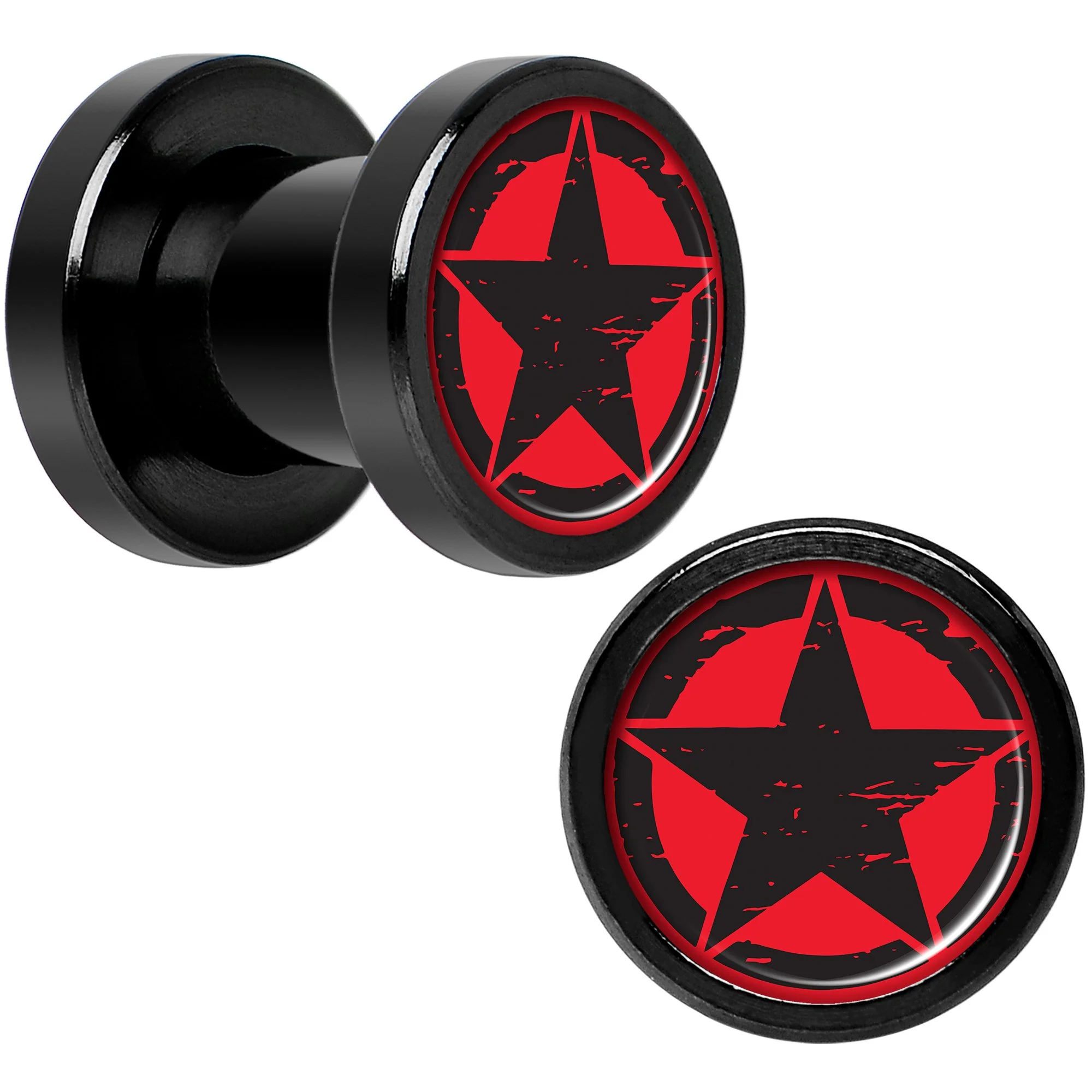 Black Red Distressed Star Black Anodized Screw Fit Plug Set 2G