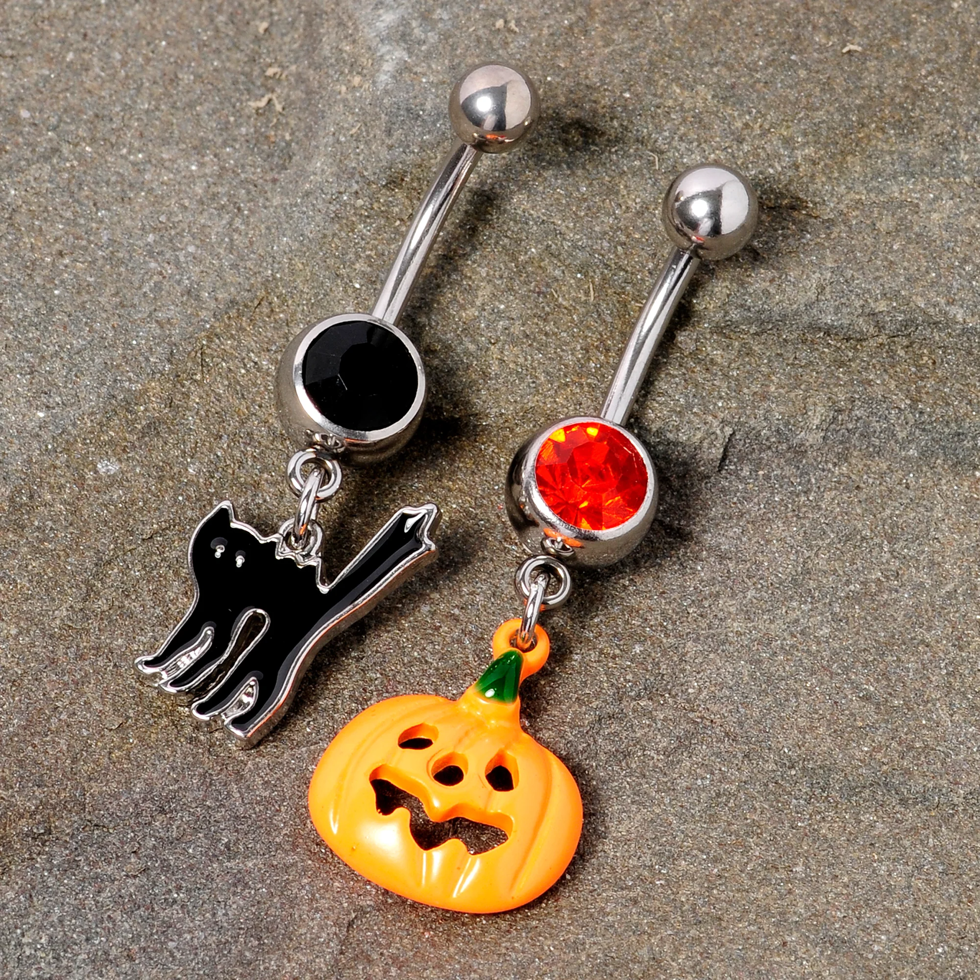 Black Red Gem Pumpkin Cat Halloween Dangle Belly Ring Set of 2 - Image 5
