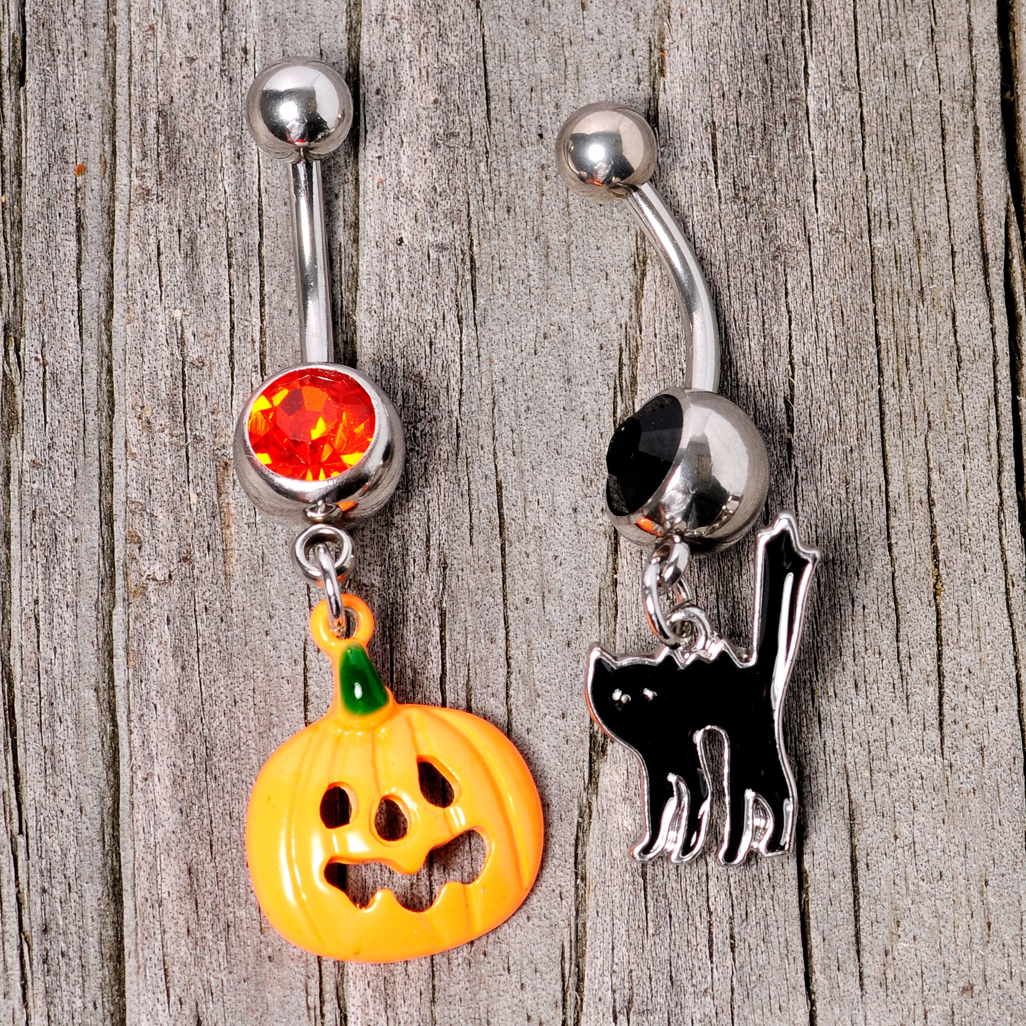 Black Red Gem Pumpkin Cat Halloween Dangle Belly Ring Set of 2 - Image 6