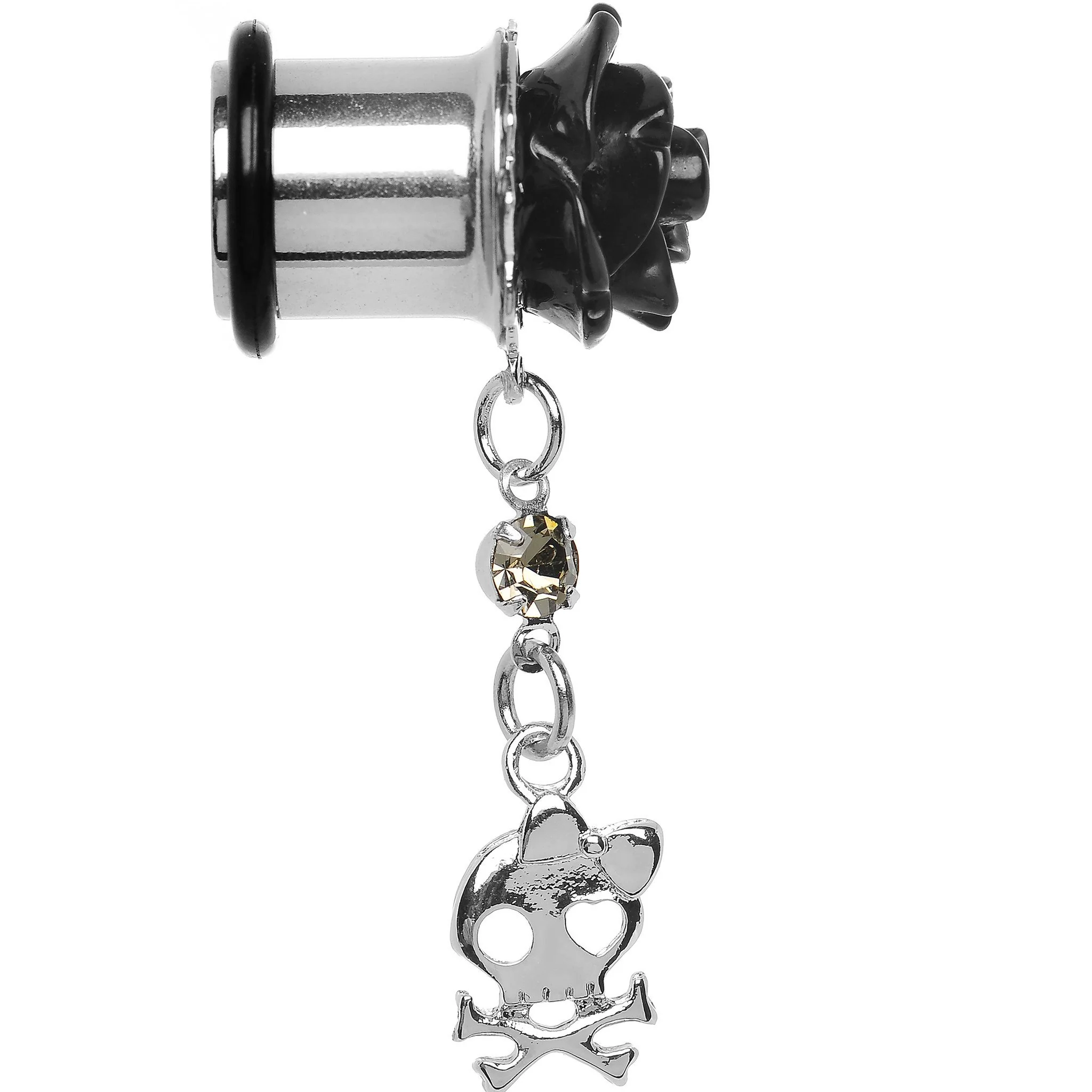 Black Rose Flower Skull Crossbones Dangle Plug Sizes 5mm to 12mm - Image 3