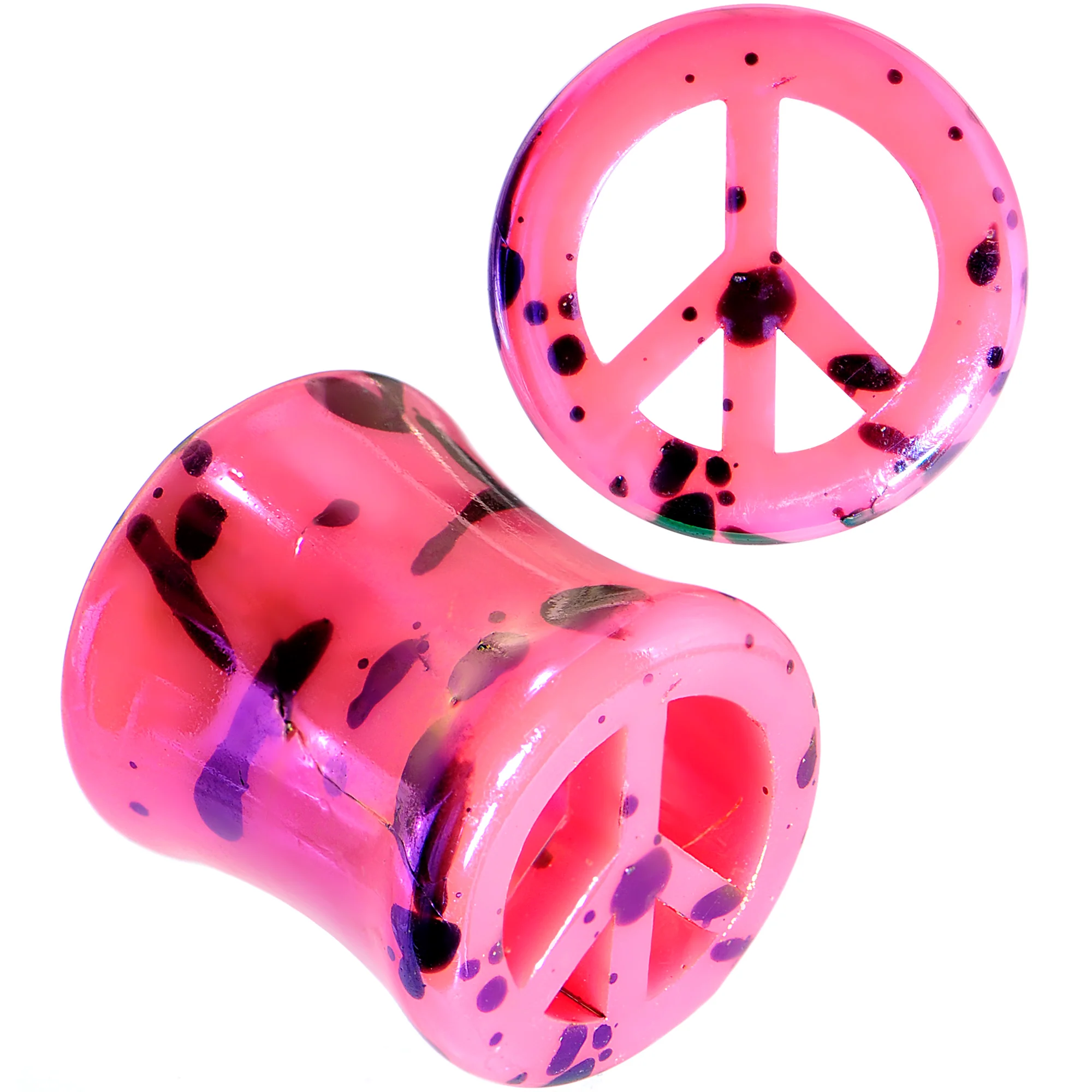 Black Speckled Pink Acrylic Peace Sign Saddle Plug Set 10mm to 20mm - Image 3