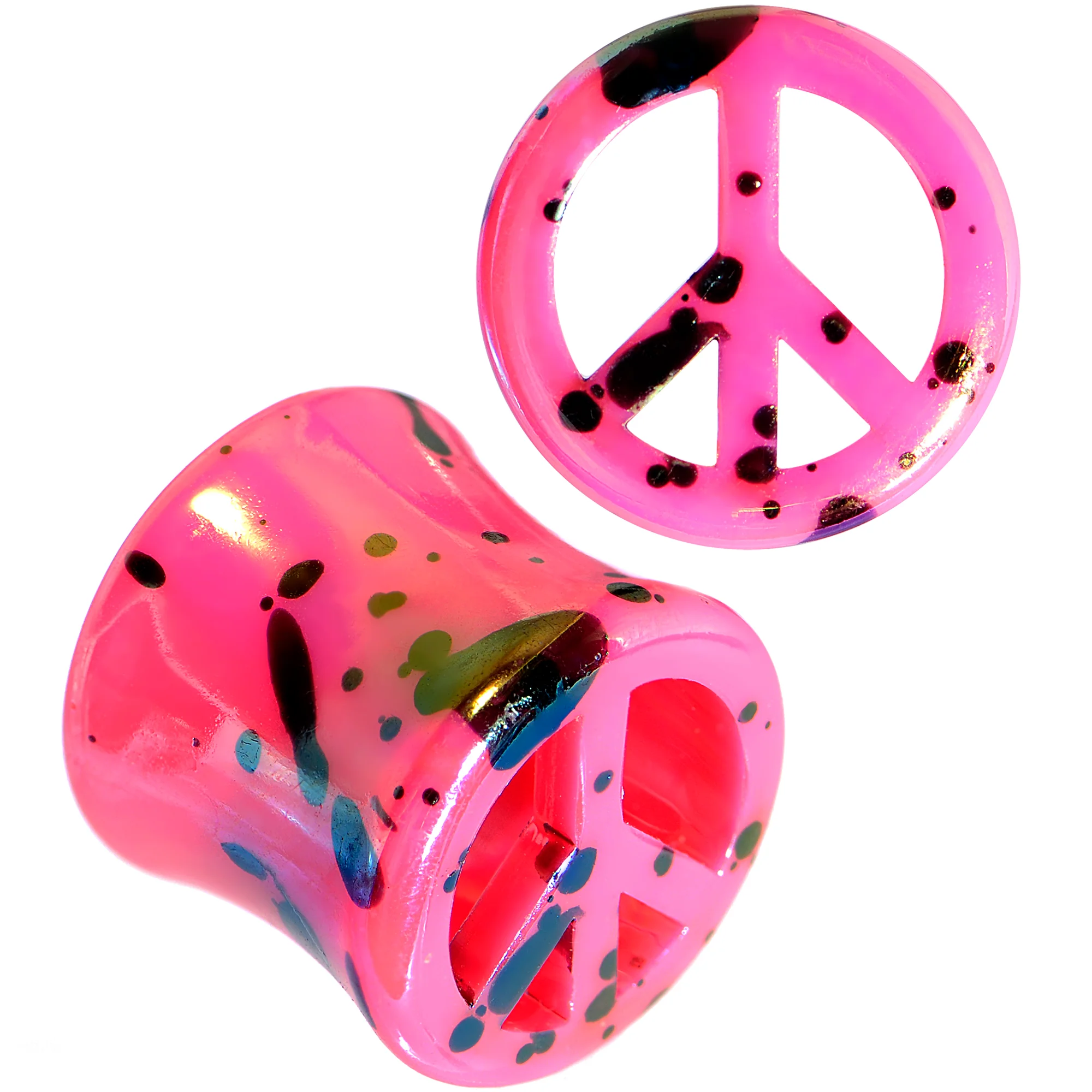 Black Speckled Pink Acrylic Peace Sign Saddle Plug Set 10mm to 20mm - Image 4