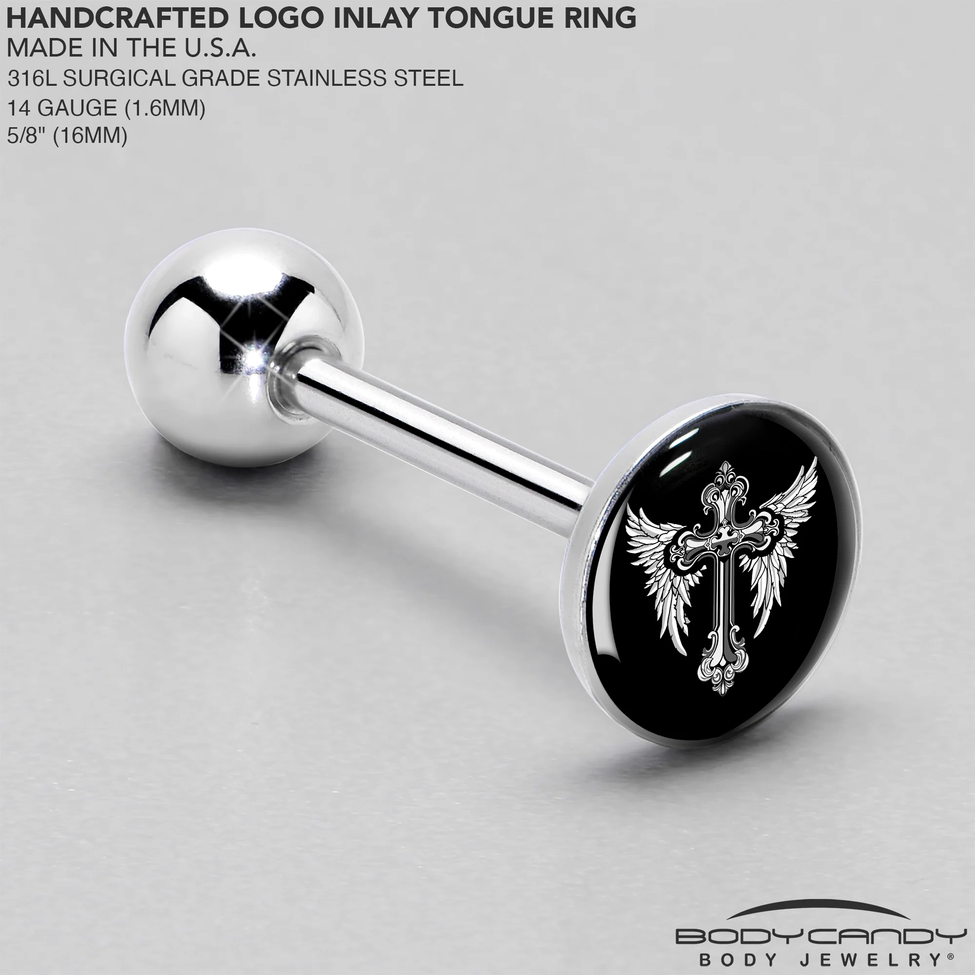 Black White Winged Cross Barbell Tongue Ring by Onyx O - Image 4