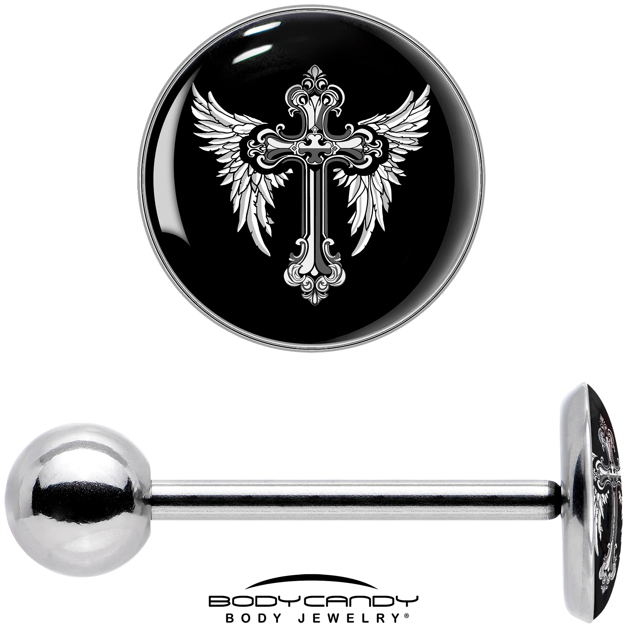 Black White Winged Cross Barbell Tongue Ring by Onyx O - Image 7