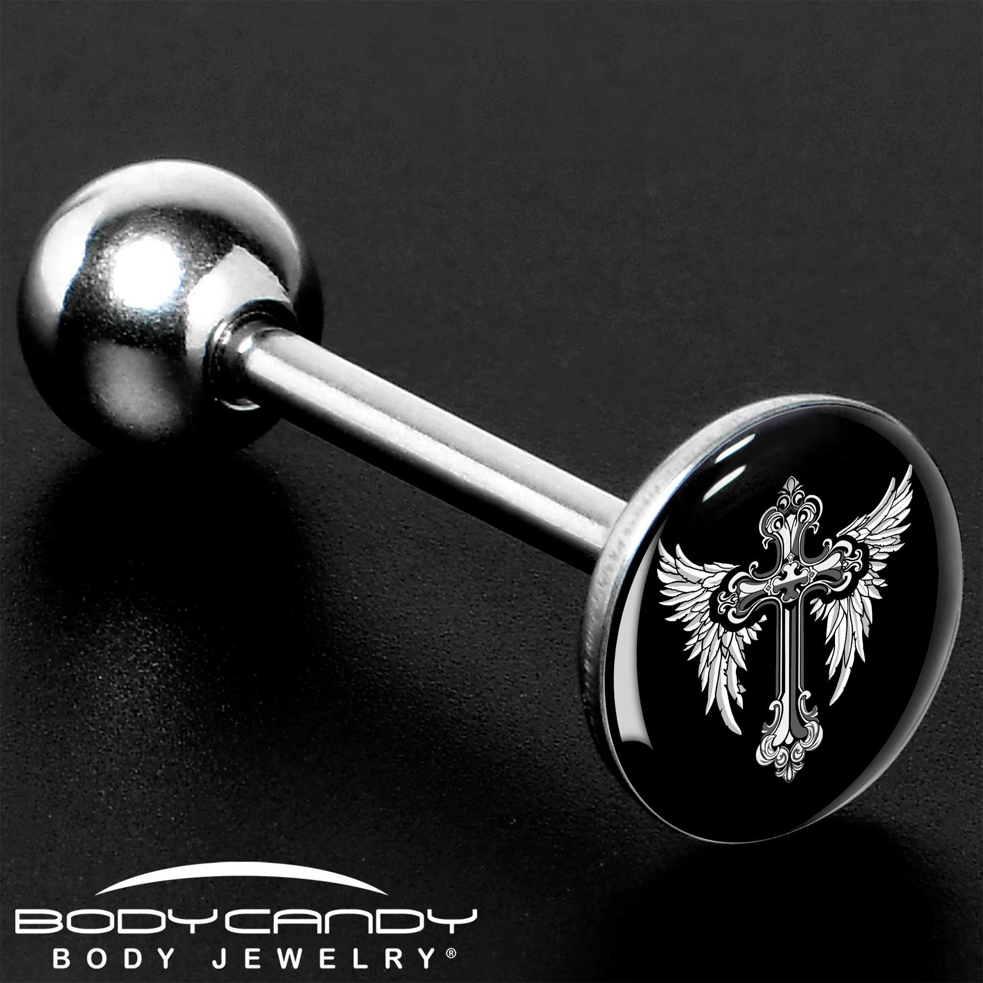 Black White Winged Cross Barbell Tongue Ring by Onyx O - Image 8