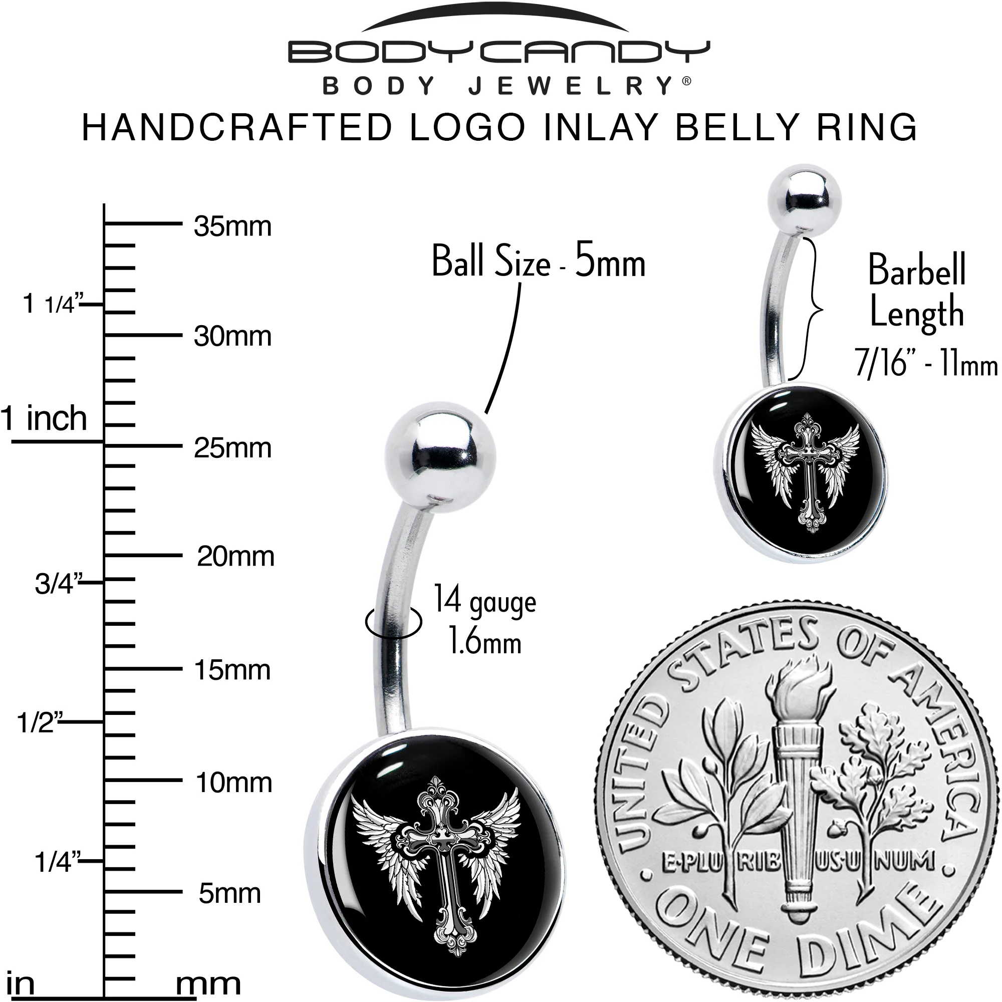 Black White Winged Cross Belly Ring by Onyx O - Image 6