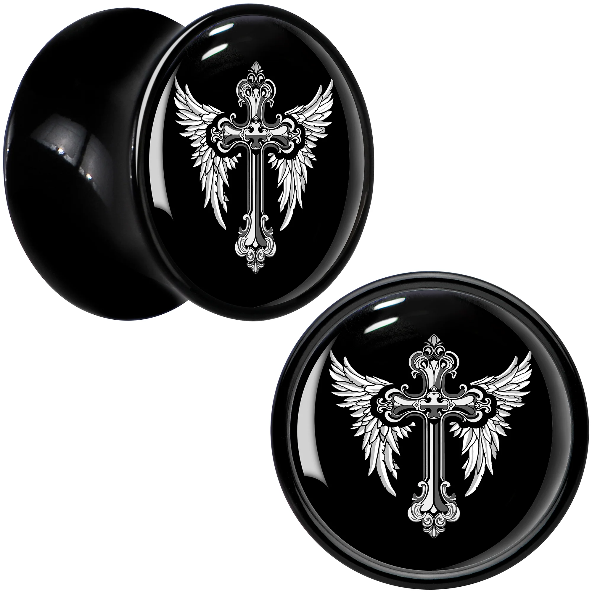 0G Black White Winged Cross Black Acrylic Saddle Plug Set by Onyx O - Image 2