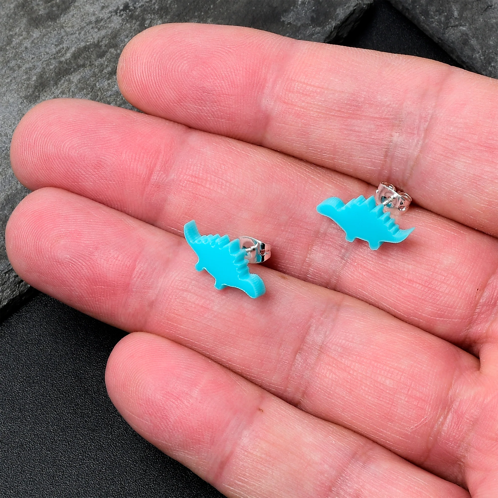 Blue Acrylic Stegosaurus Dinosaur Stud Earrings - Image 2