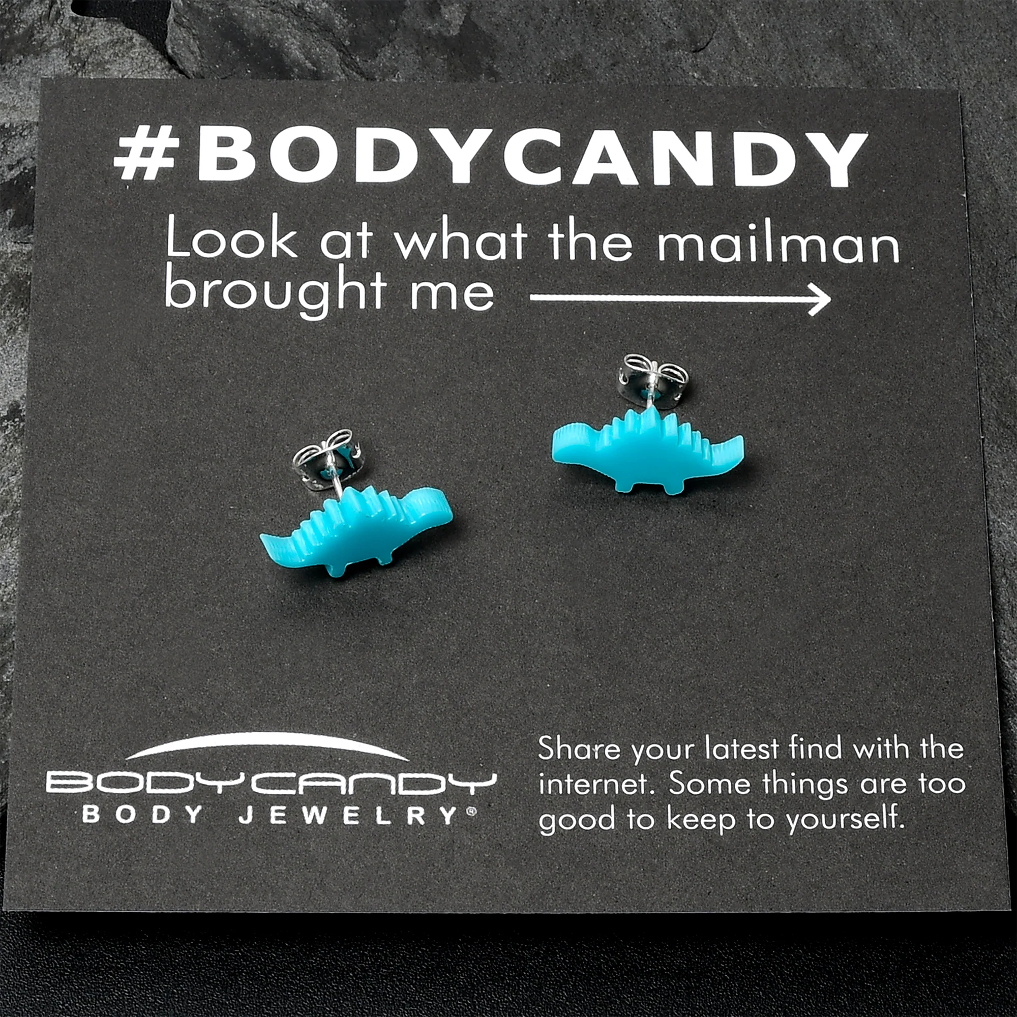 Blue Acrylic Stegosaurus Dinosaur Stud Earrings - Image 4