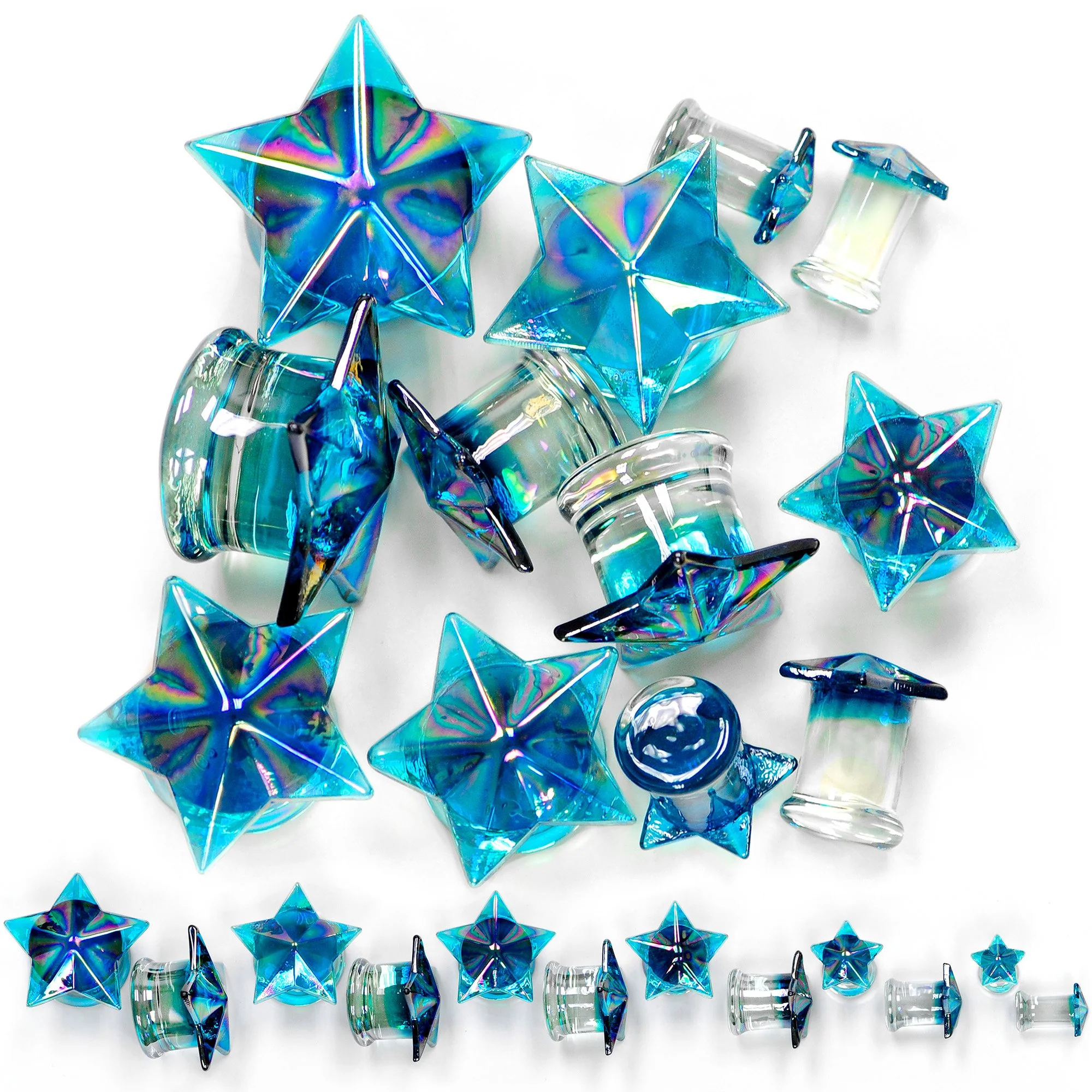 2G Blue Aurora Glass Faceted Star Double Flare Plug Set 6mm to 16mm Sizes - Image 6