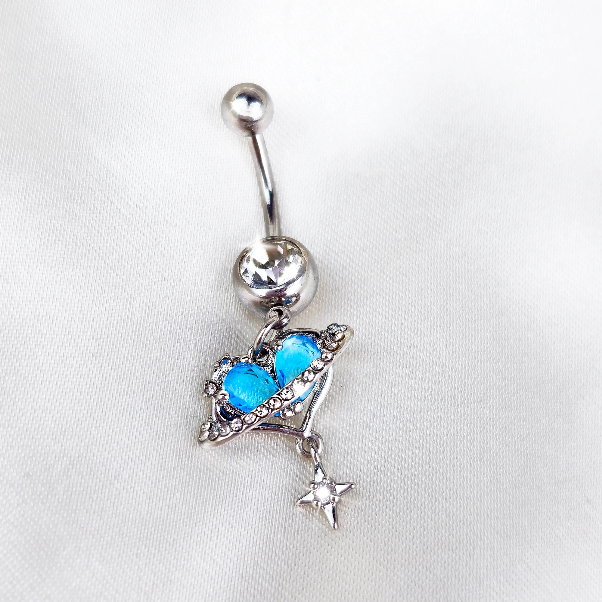 Blue Clear CZ Gem Starry Heart Saturn Dangle Belly Ring - Image 2