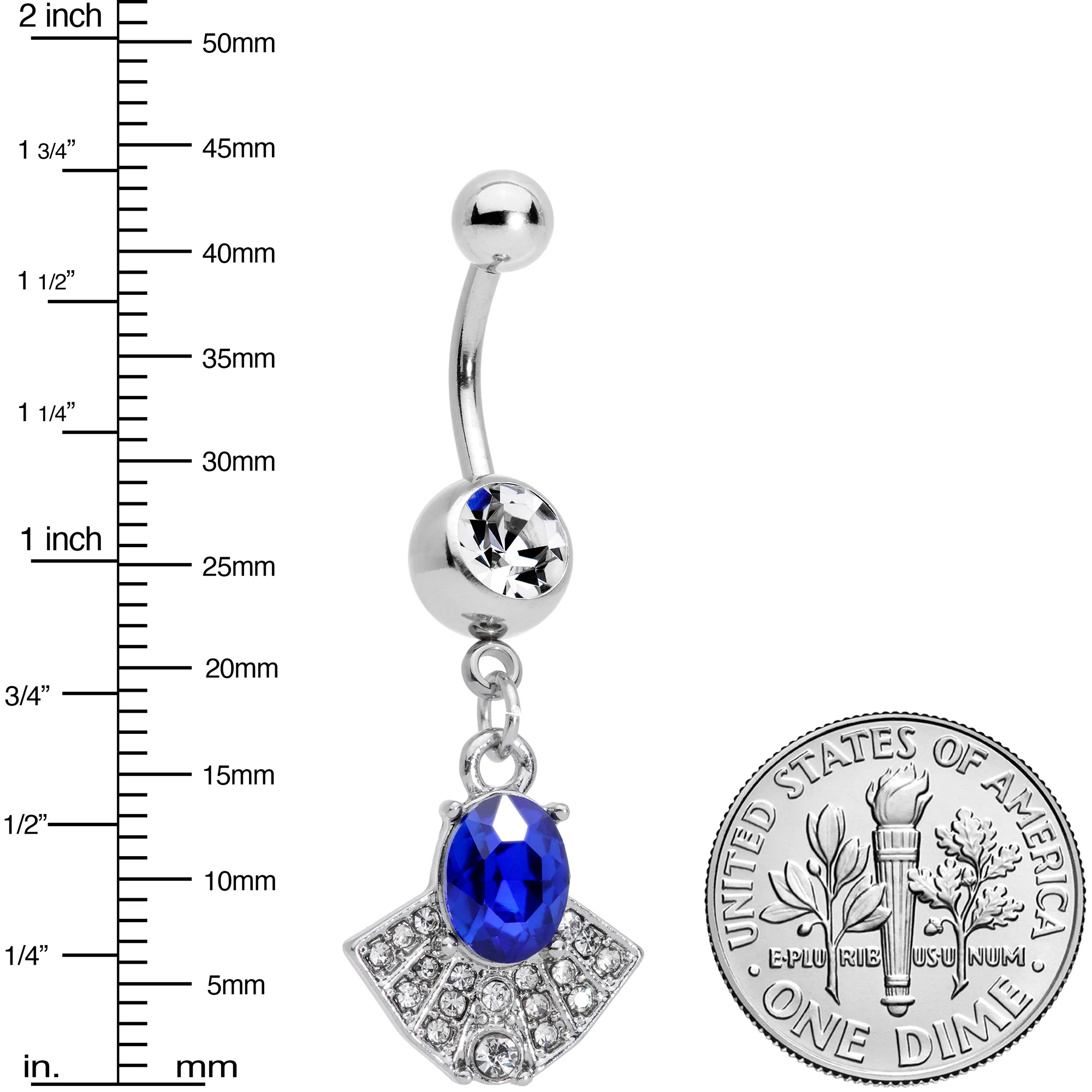 Blue Clear Gem Art Deco Fan Dangle Belly Ring - Image 2