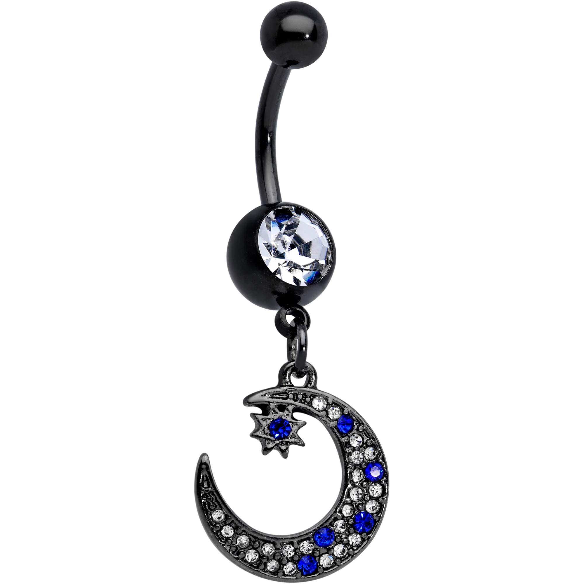Blue Clear Gem Black Star Crescent Moon Dangle Belly Ring Set of 2 - Image 3