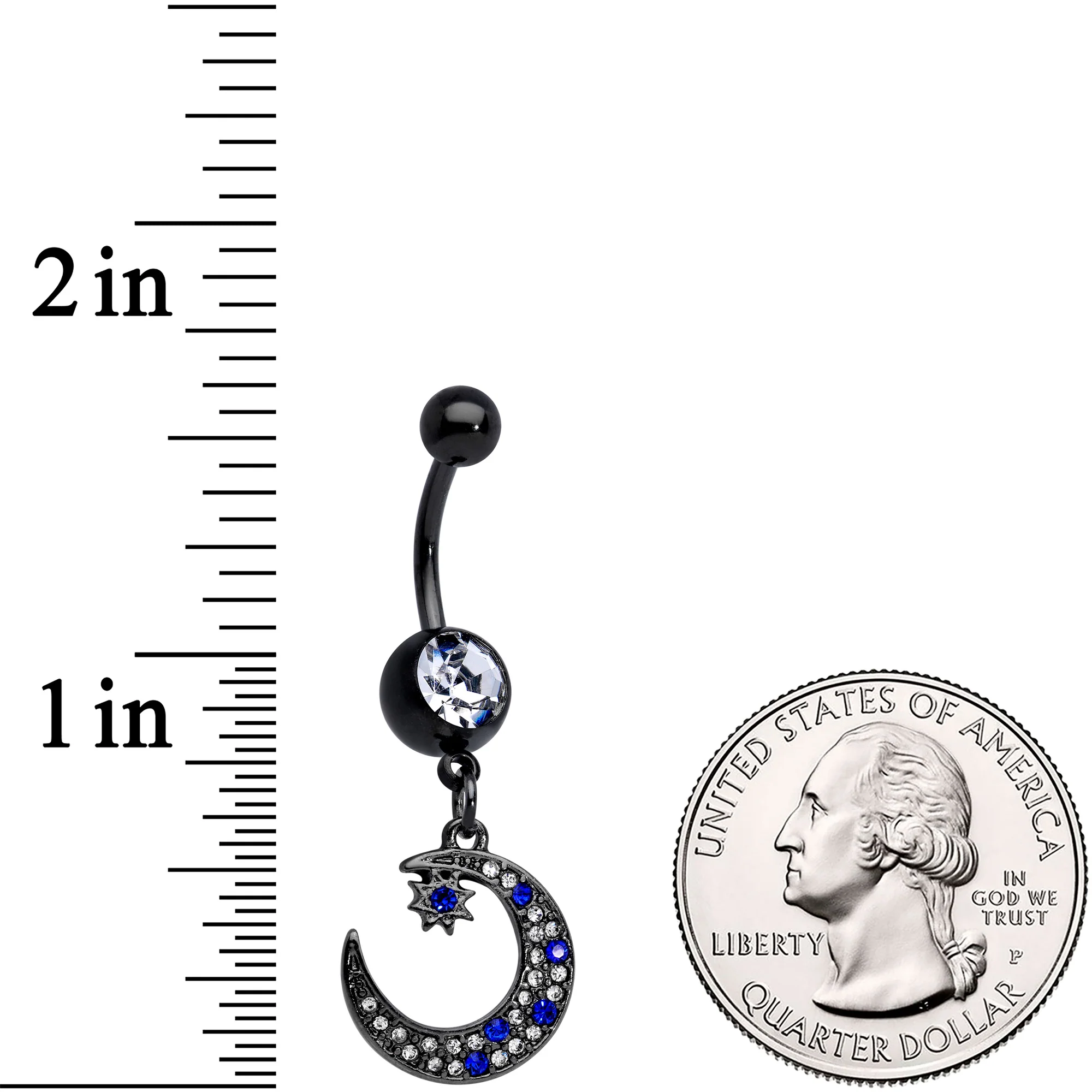 Blue Clear Gem Black Star Crescent Moon Dangle Belly Ring Set of 2 - Image 4