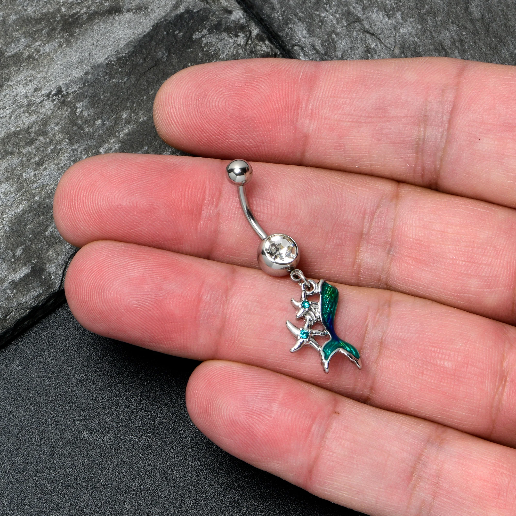 Blue Clear Gem Green Mermaid Tail Stars Dangle Belly Ring - Image 2