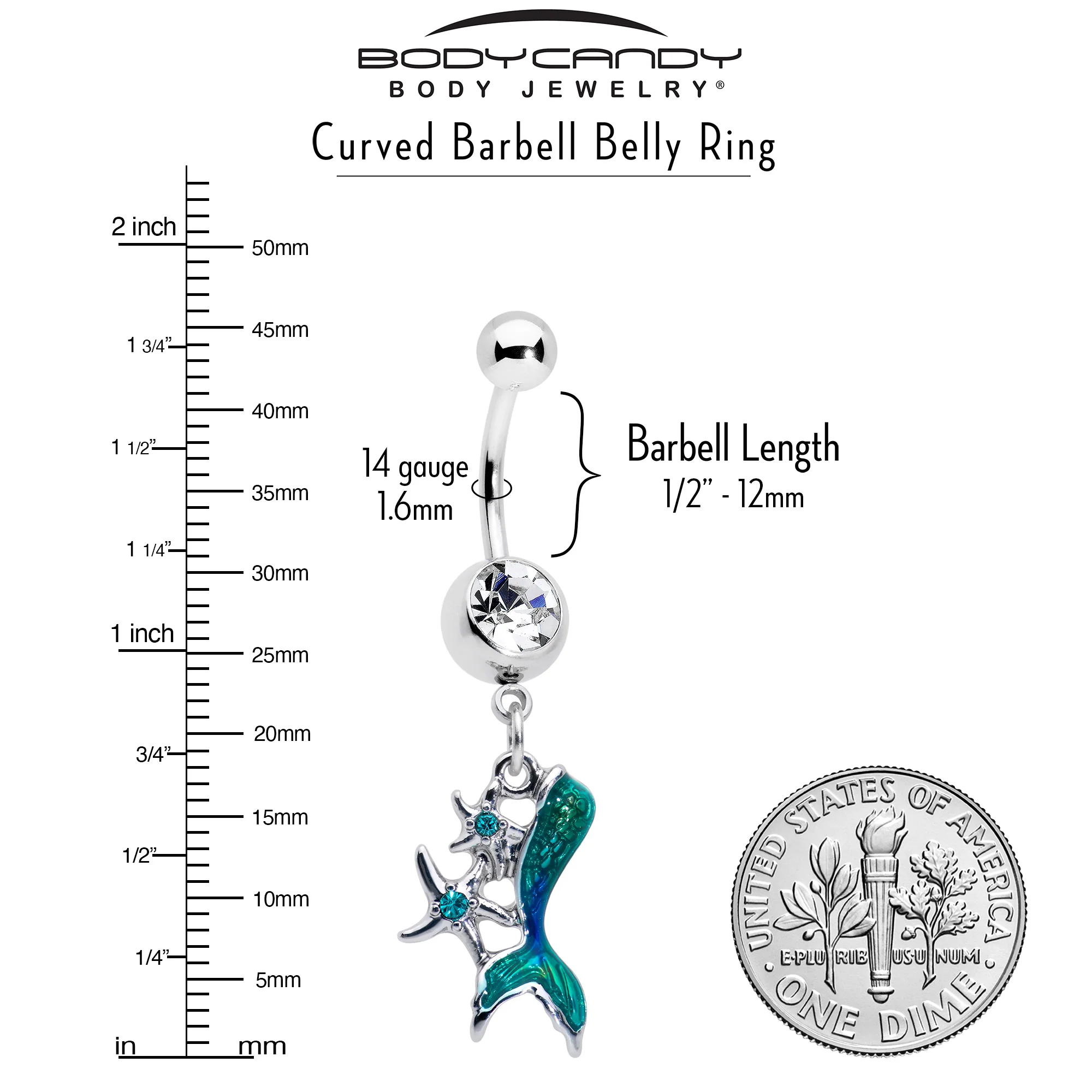 Blue Clear Gem Green Mermaid Tail Stars Dangle Belly Ring - Image 3