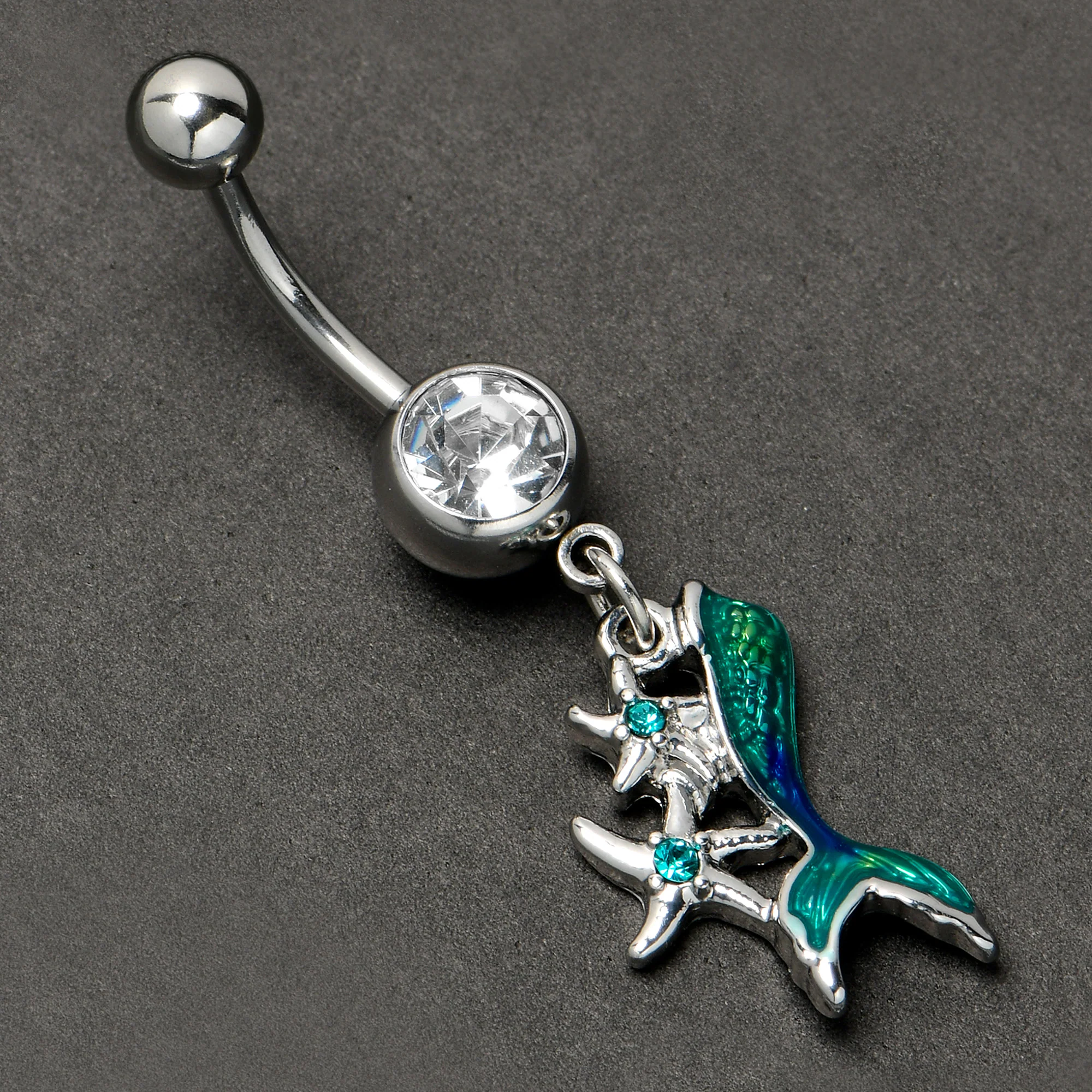 Blue Clear Gem Green Mermaid Tail Stars Dangle Belly Ring - Image 4