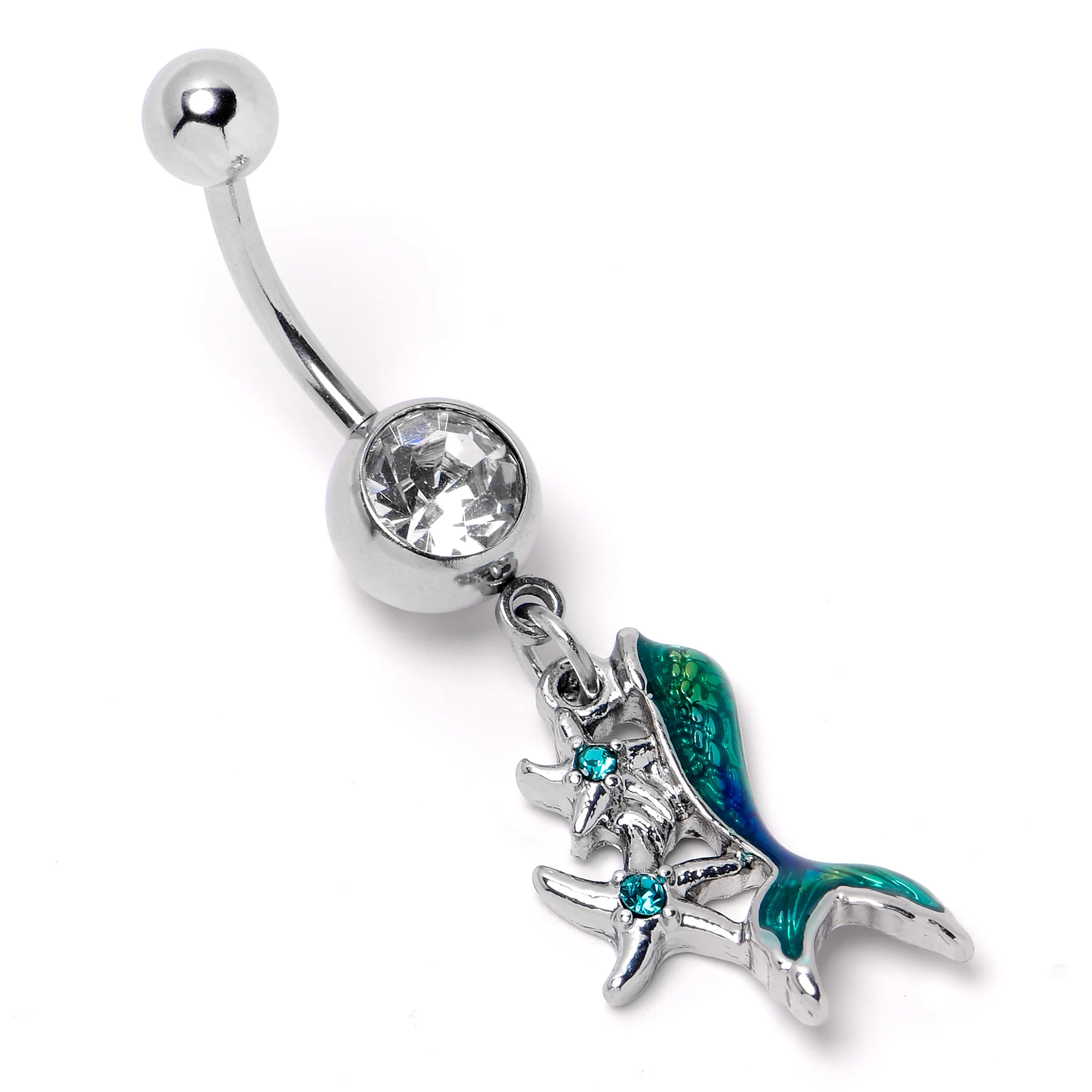 Blue Clear Gem Green Mermaid Tail Stars Dangle Belly Ring - Image 5