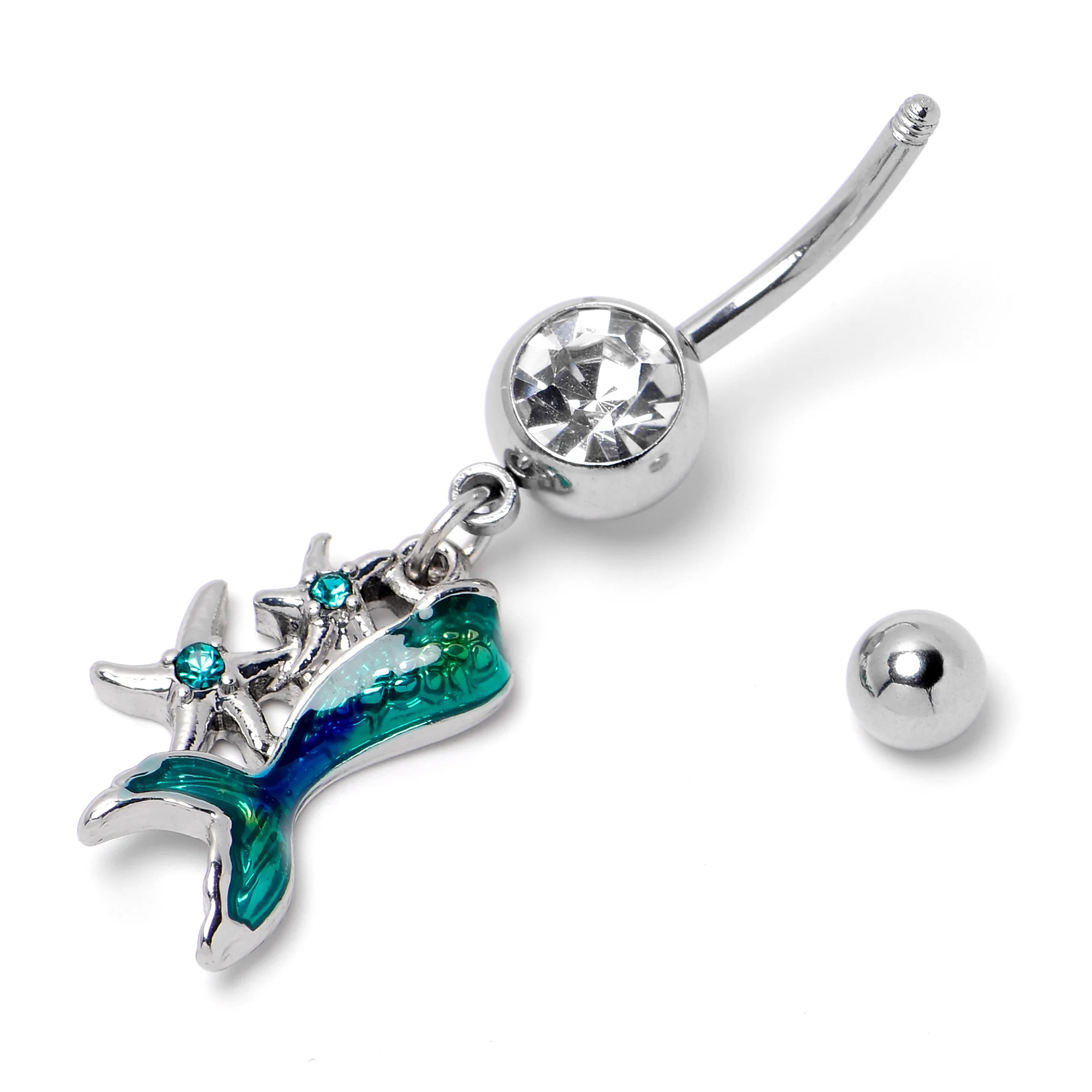 Blue Clear Gem Green Mermaid Tail Stars Dangle Belly Ring - Image 6