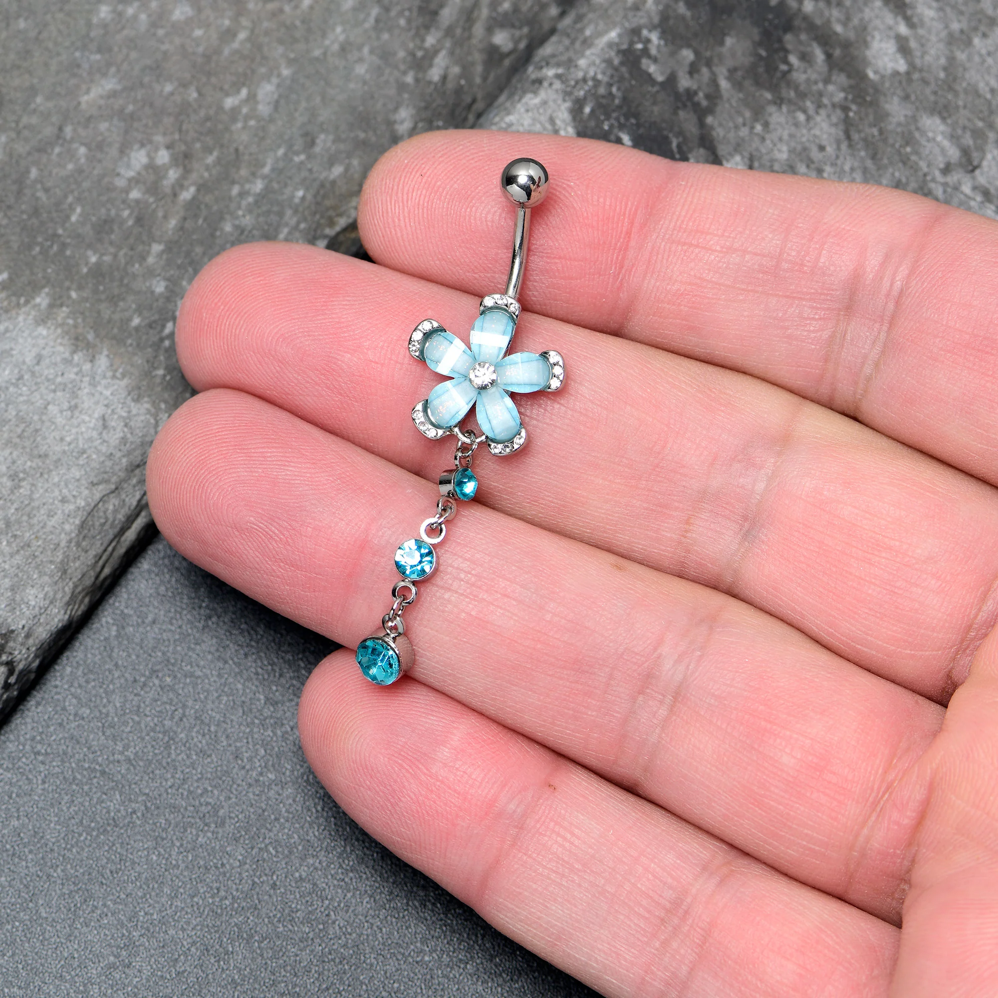 Blue Clear Gem Retro Flower Glamour Dangle Belly Ring - Image 2