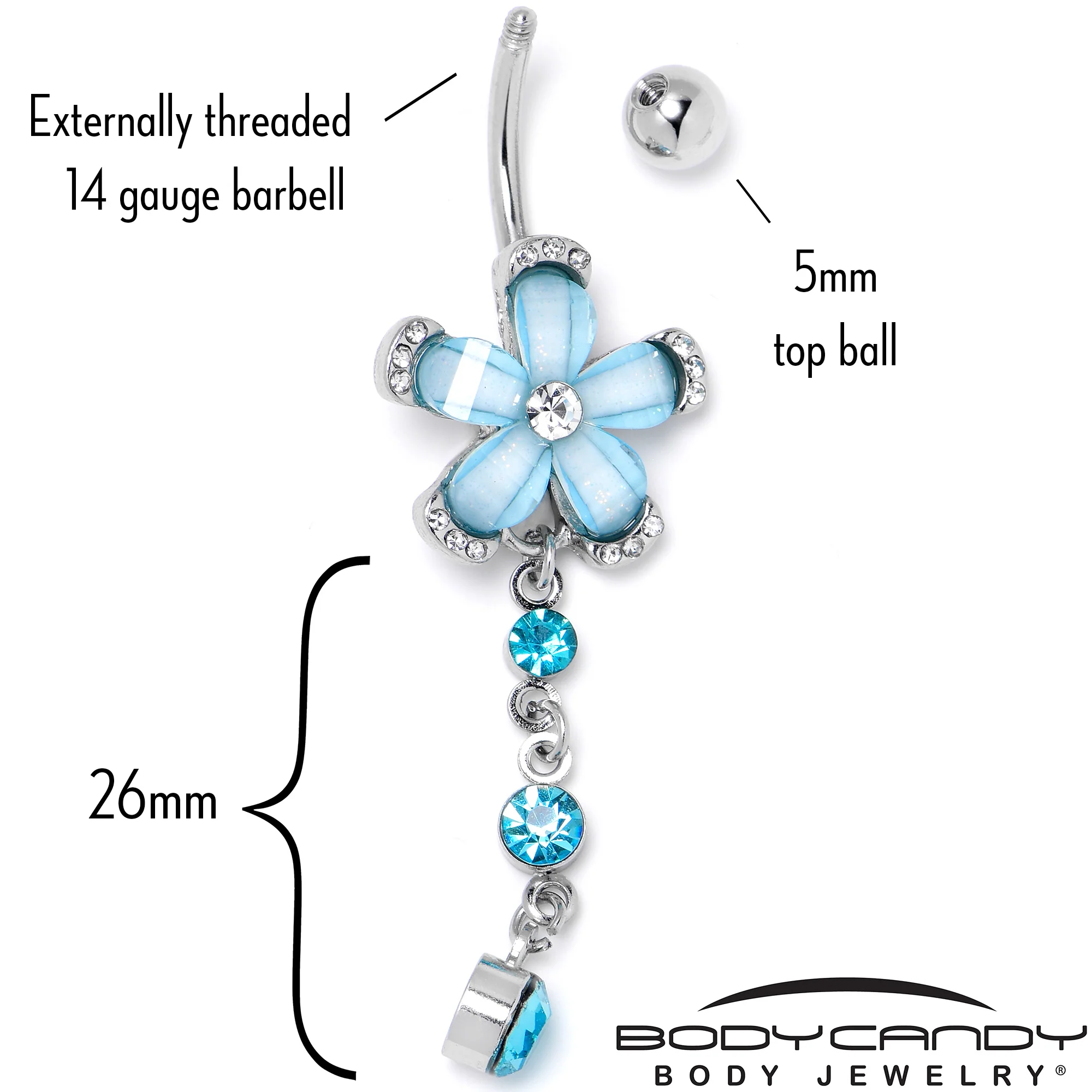 Blue Clear Gem Retro Flower Glamour Dangle Belly Ring - Image 5