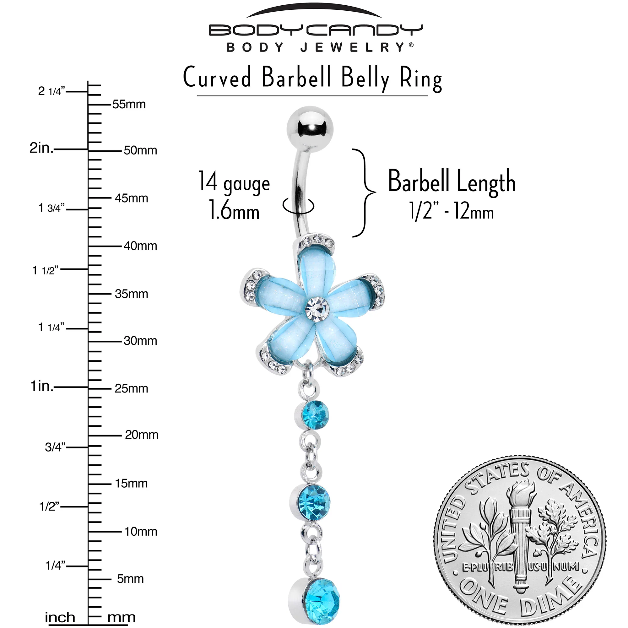 Blue Clear Gem Retro Flower Glamour Dangle Belly Ring - Image 6
