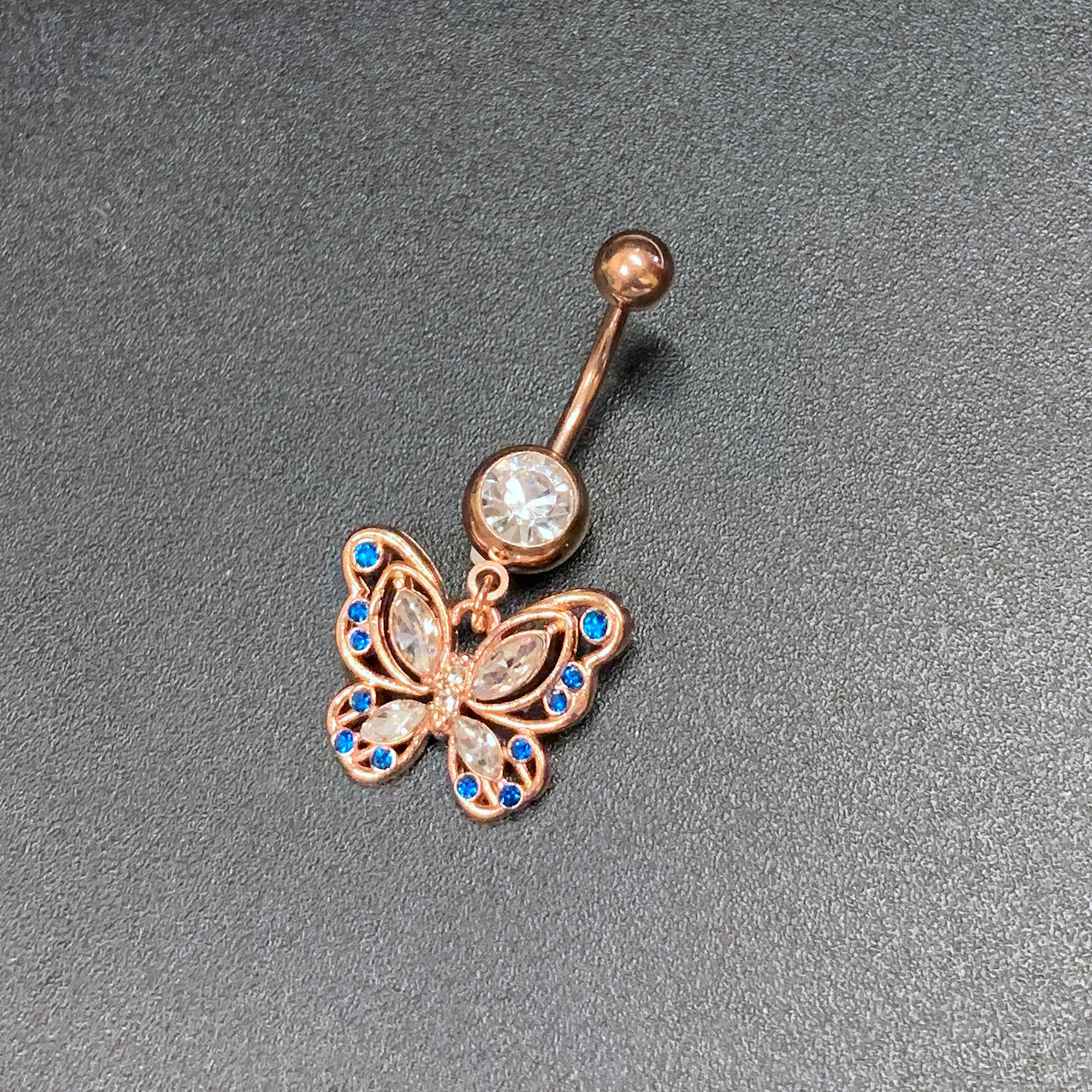 Blue Clear Gem Rose Gold Tone Butterfly Wings Dangle Belly Ring - Image 5
