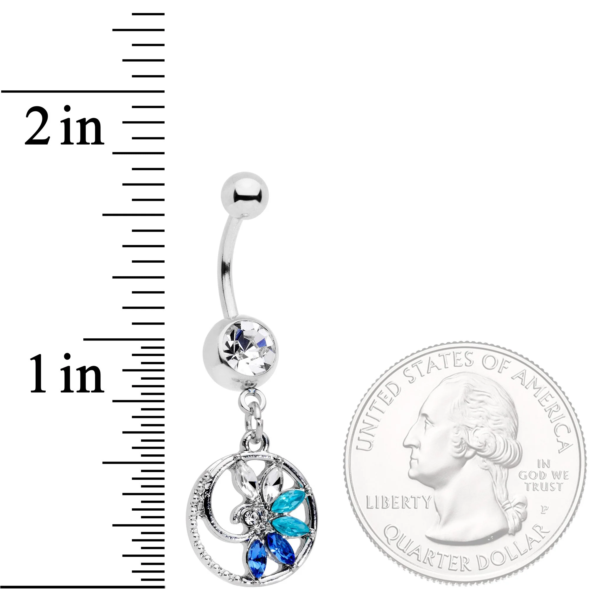 Blue Clear Gem Tropical Flower Swirl Dangle Belly Ring - Image 2