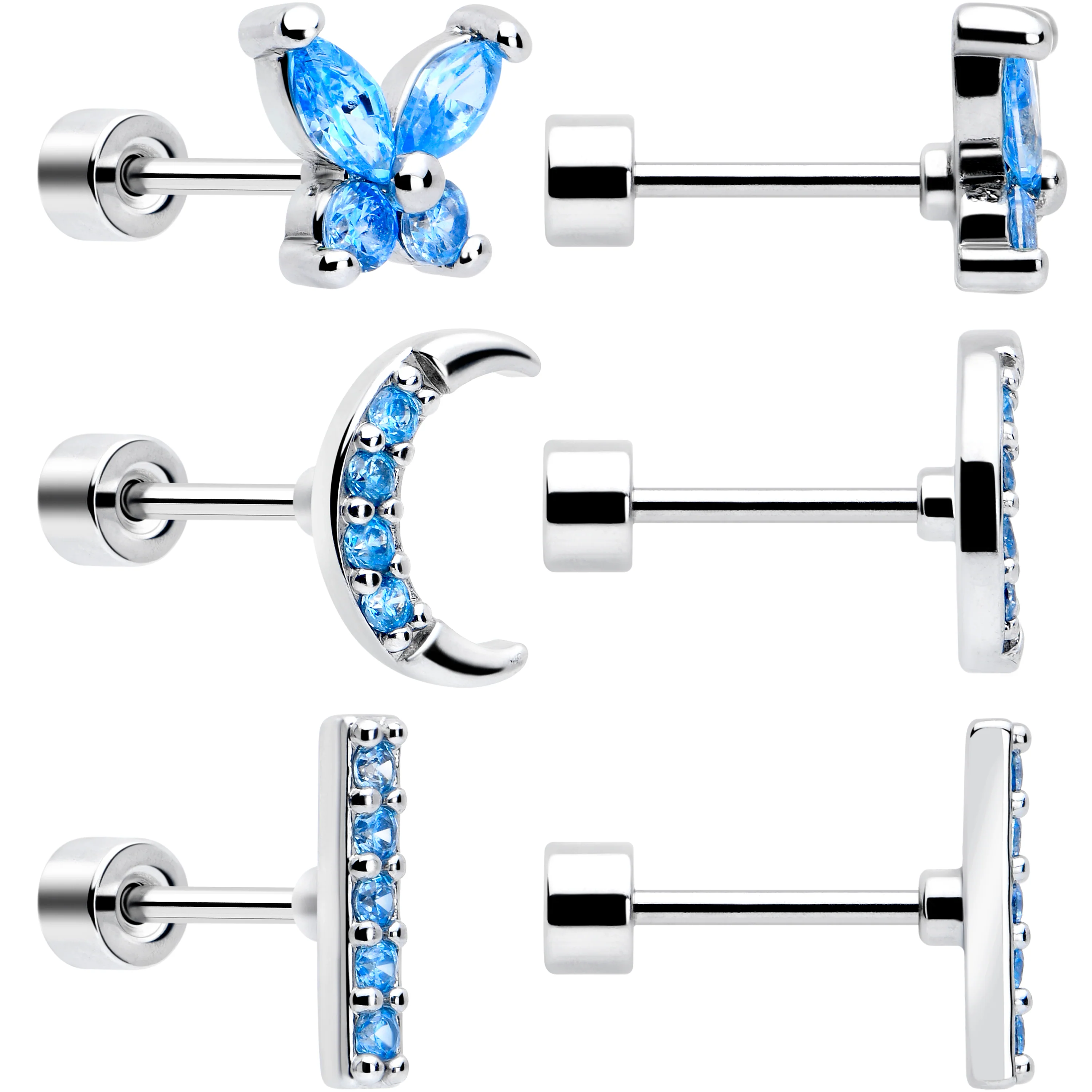 Blue CZ Celestial Butterfly Flat Back Stud Earrings - 3 Pairs - Image 2