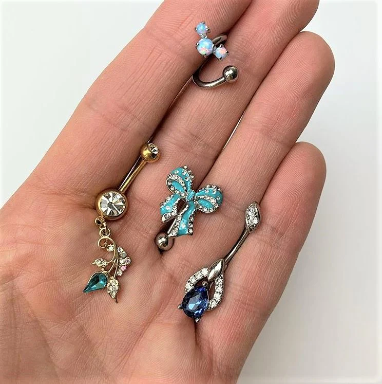 Blue CZ Gem Art Deco Drop Glamour Double Mount Belly Ring - Image 2