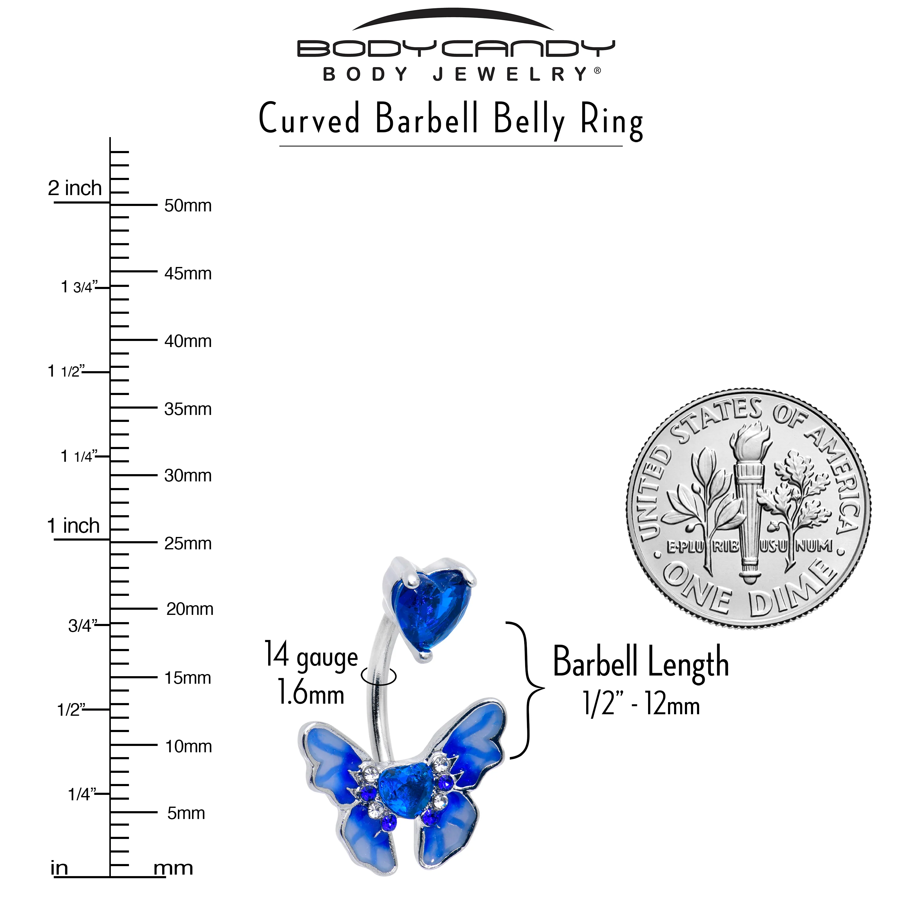 Blue CZ Gem Butterfly Love Heart Double Mount Belly Ring - Image 2