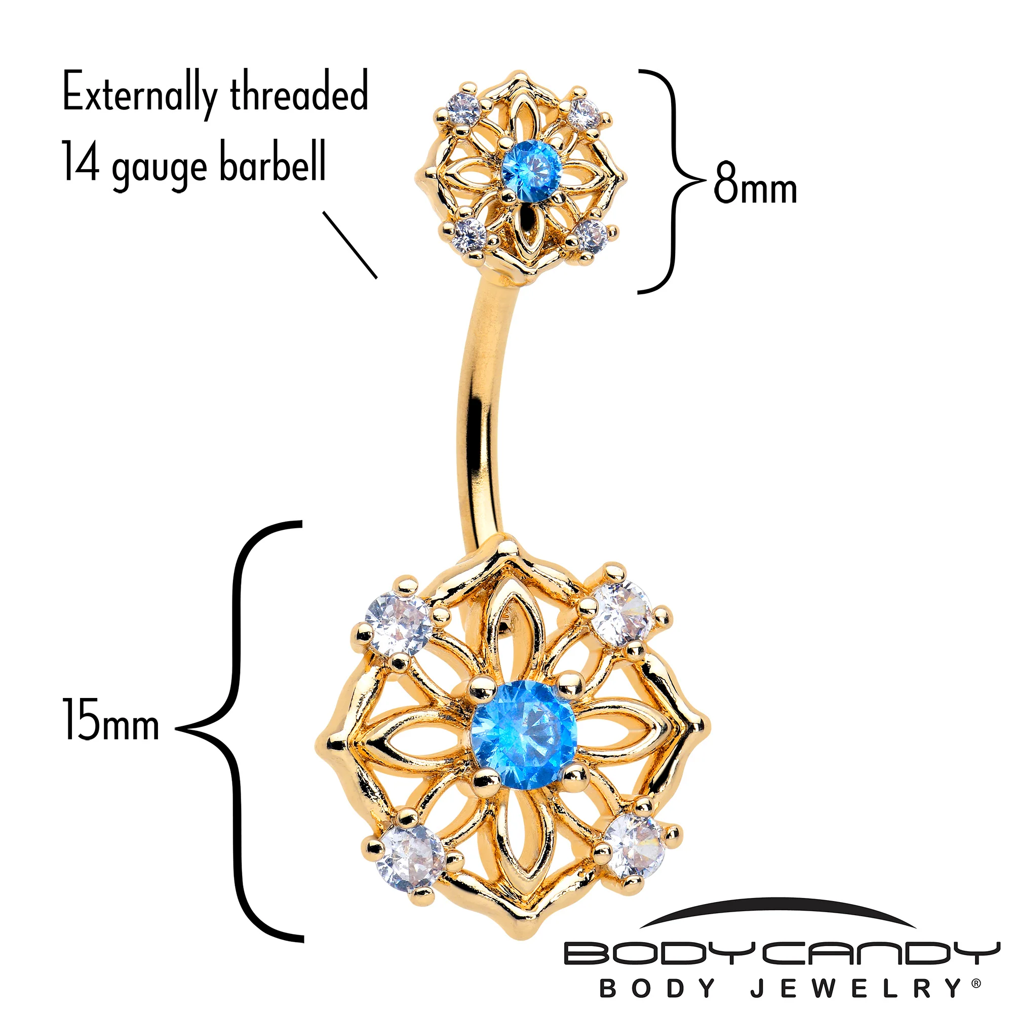 Blue CZ Gem Gold Tone Flower Ring Double Mount Belly Ring - Image 2
