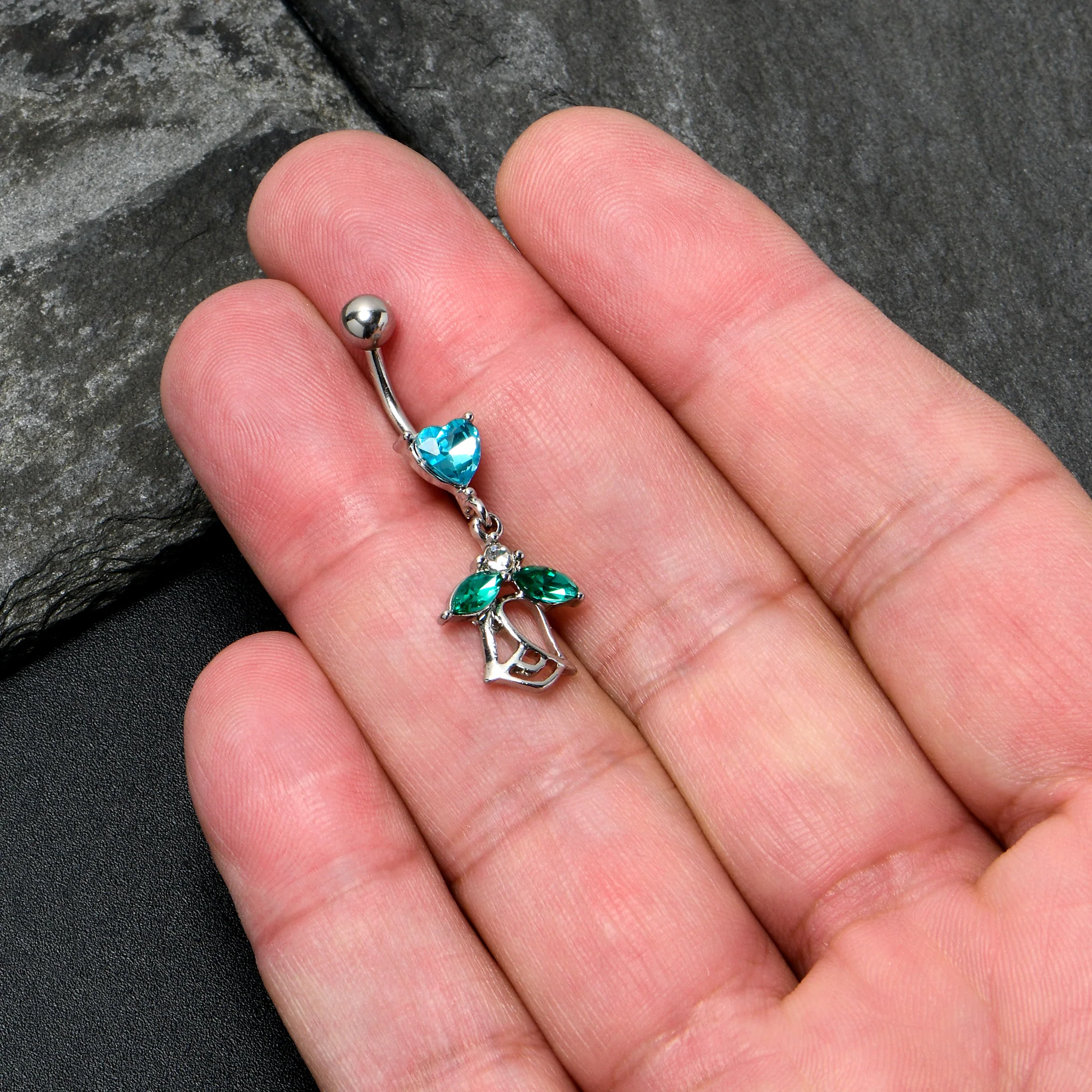Blue CZ Gem Heart And Rose Dangle Belly Ring - Image 2