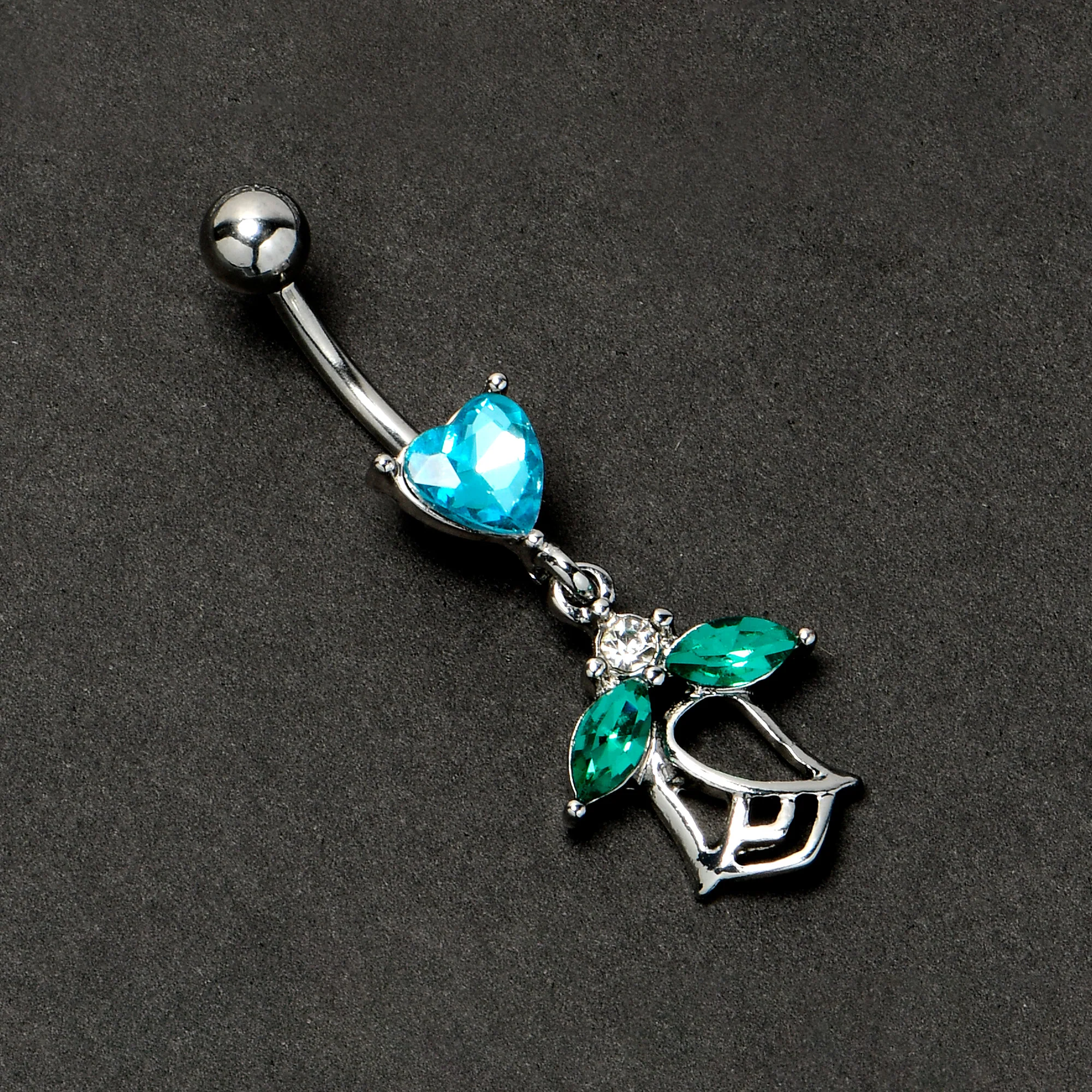 Blue CZ Gem Heart And Rose Dangle Belly Ring - Image 4