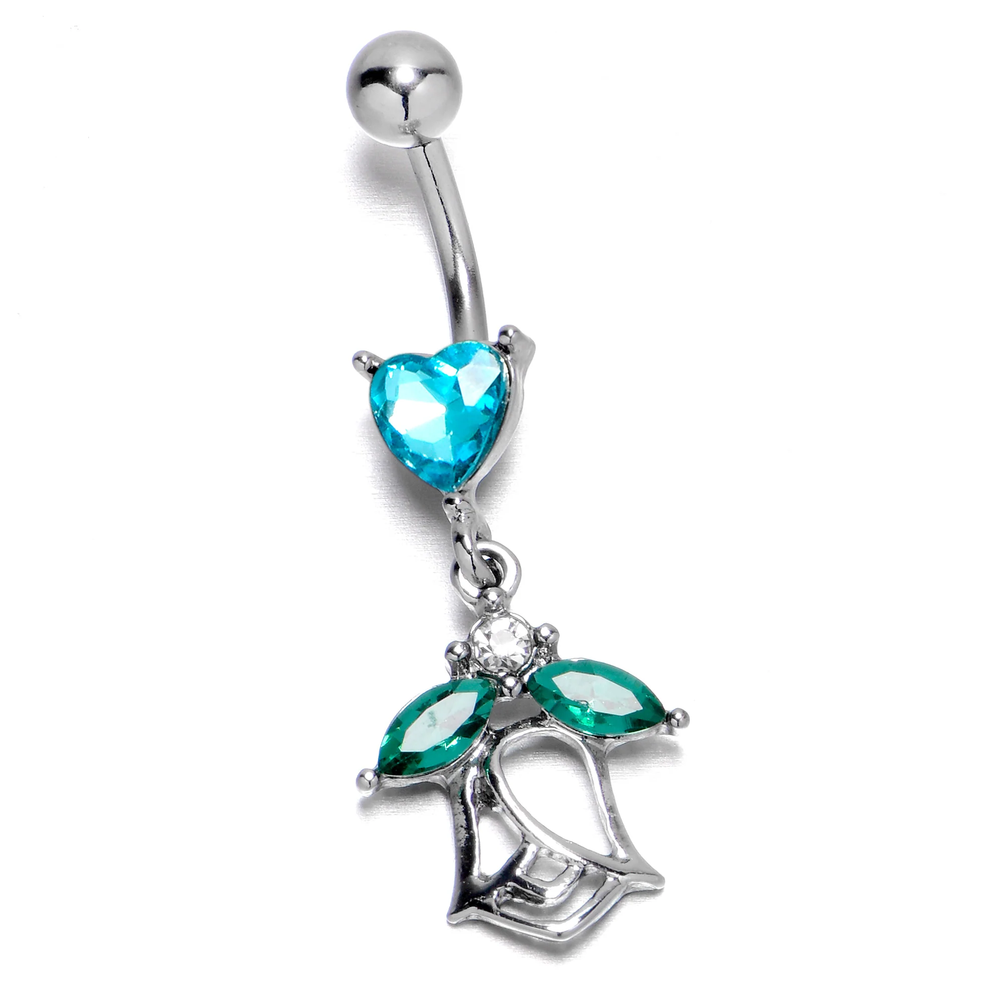 Blue CZ Gem Heart And Rose Dangle Belly Ring - Image 5