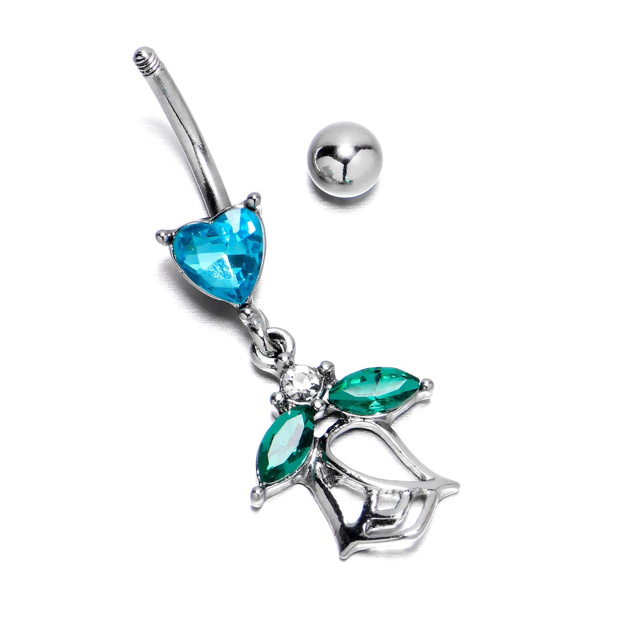 Blue CZ Gem Heart And Rose Dangle Belly Ring - Image 6