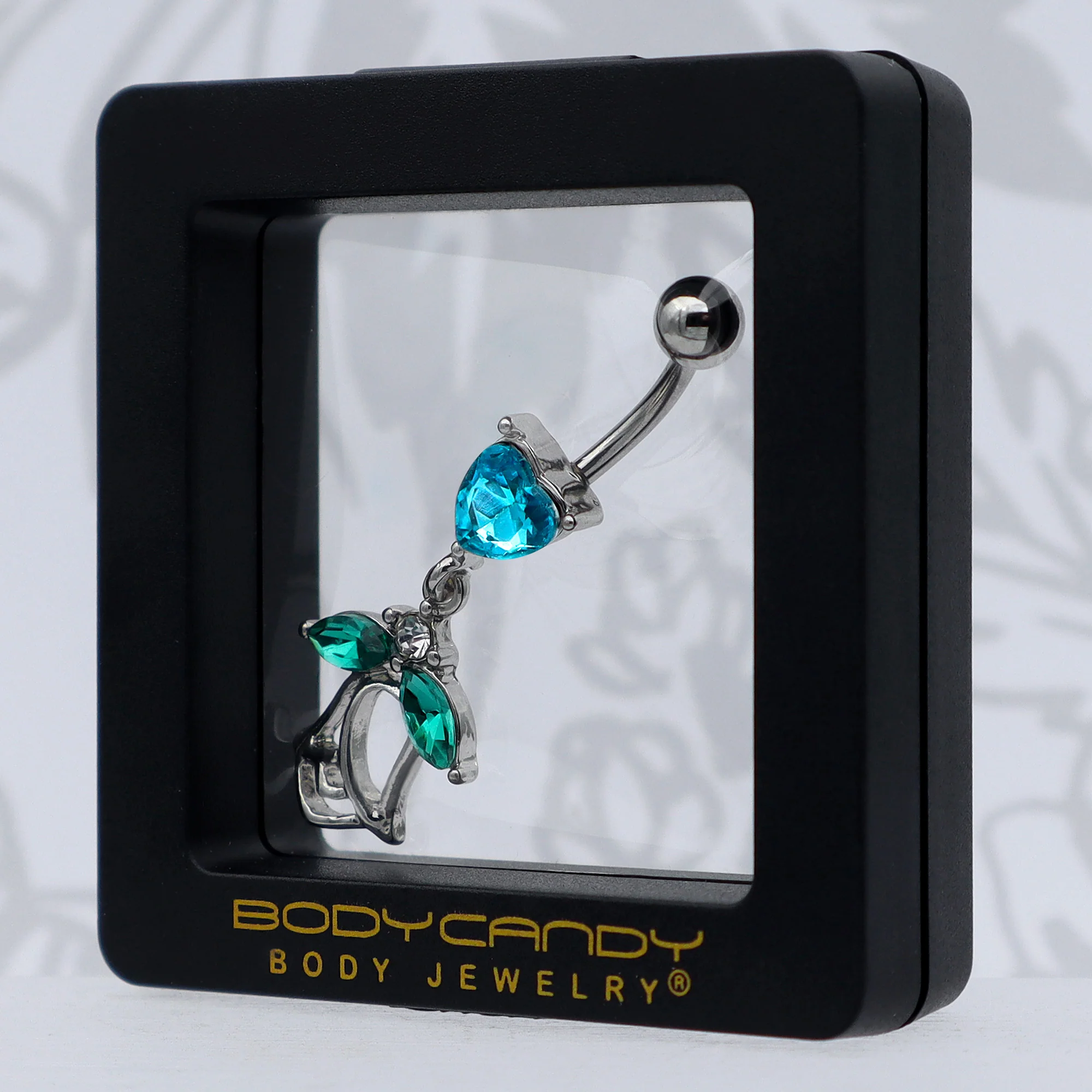 Blue CZ Gem Heart And Rose Dangle Belly Ring - Image 7