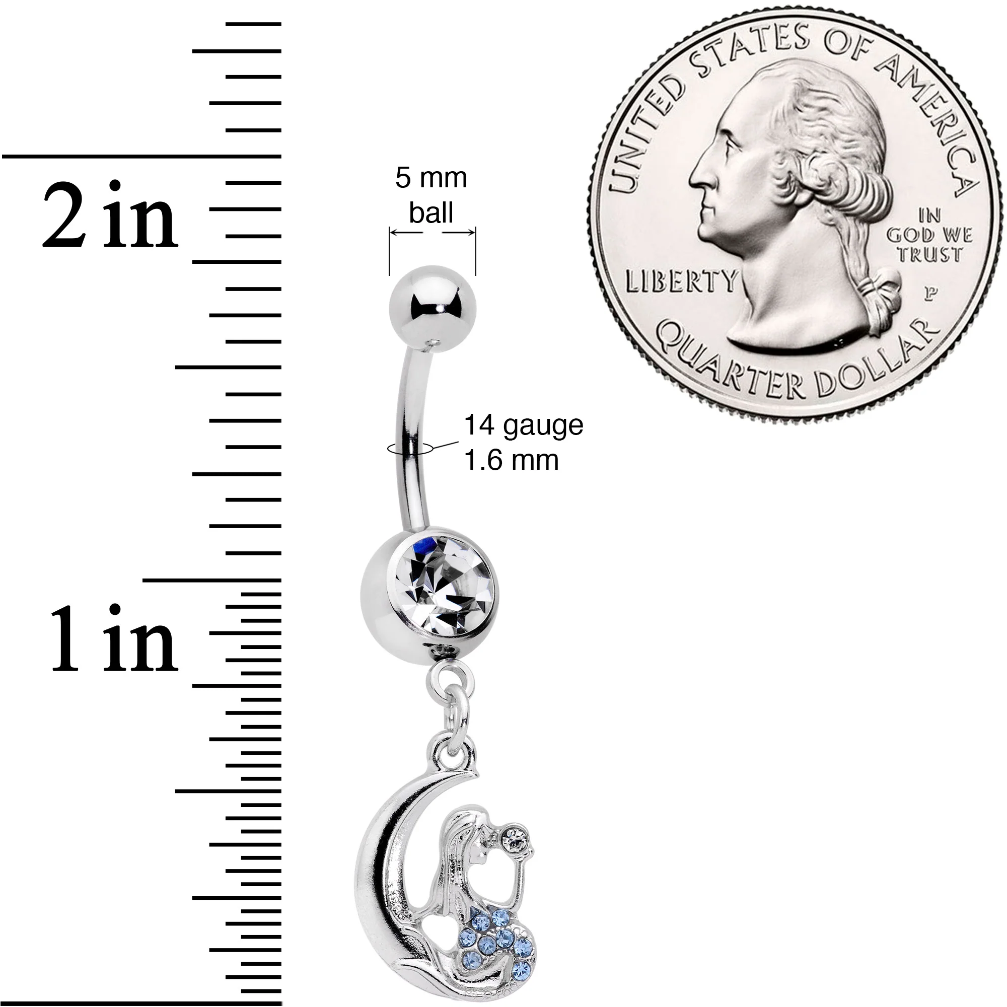 Blue CZ Gem Mermaid in the Moon Dangle Belly Ring - Image 2