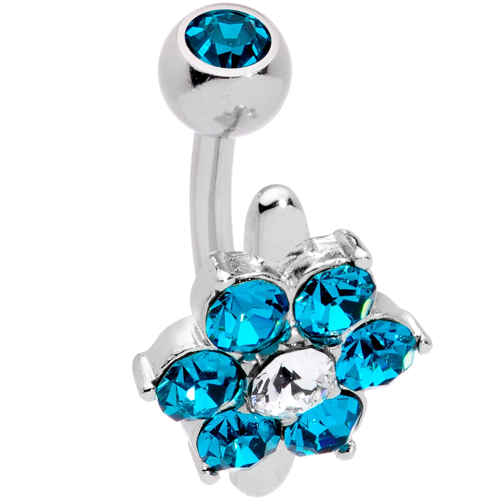 Blue CZ Gem Pretty Posy Flower Top Mount Belly Ring - Image 2