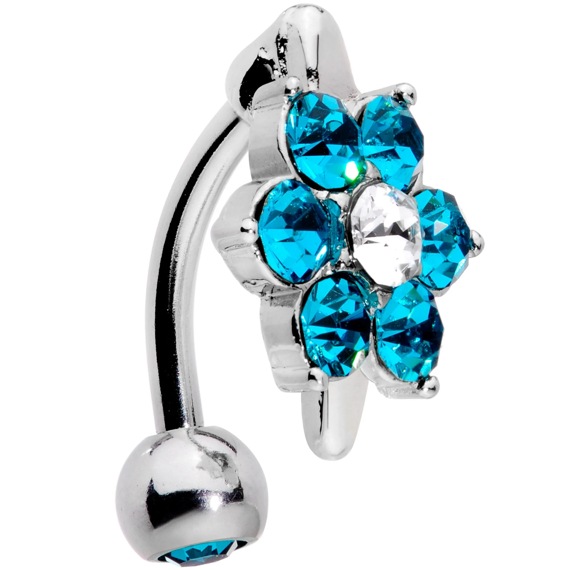 Blue CZ Gem Pretty Posy Flower Top Mount Belly Ring - Image 3